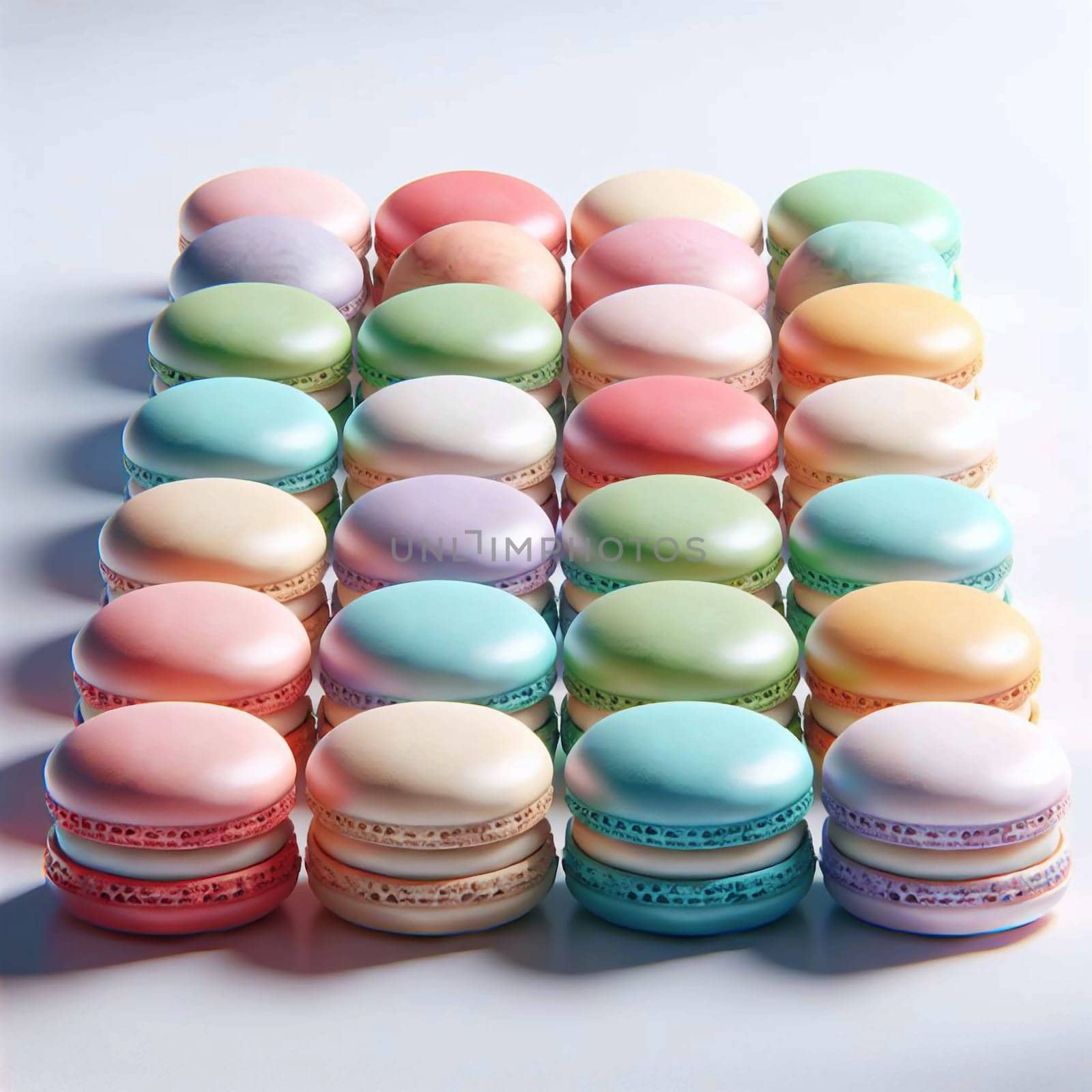 An array of pastel-colored macarons arranged in rows. The macarons are all facing the camera, with their smooth, colorful surfaces creating a visually appealing pattern. A high-quality photo.