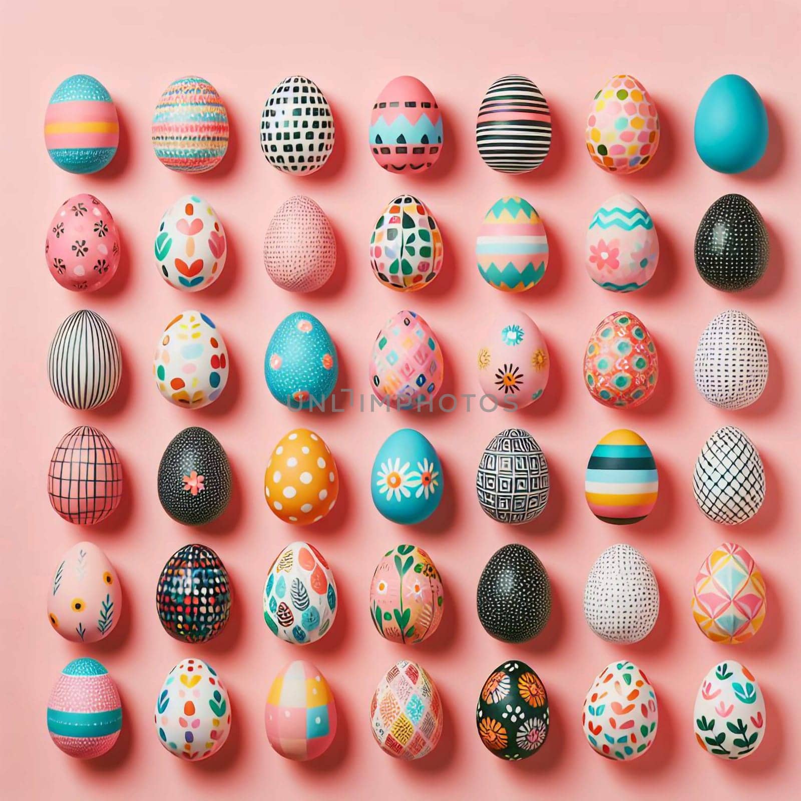 An arrangement of colorful Easter eggs on a pink background, with a variety of patterns and designs. A high-quality photo.