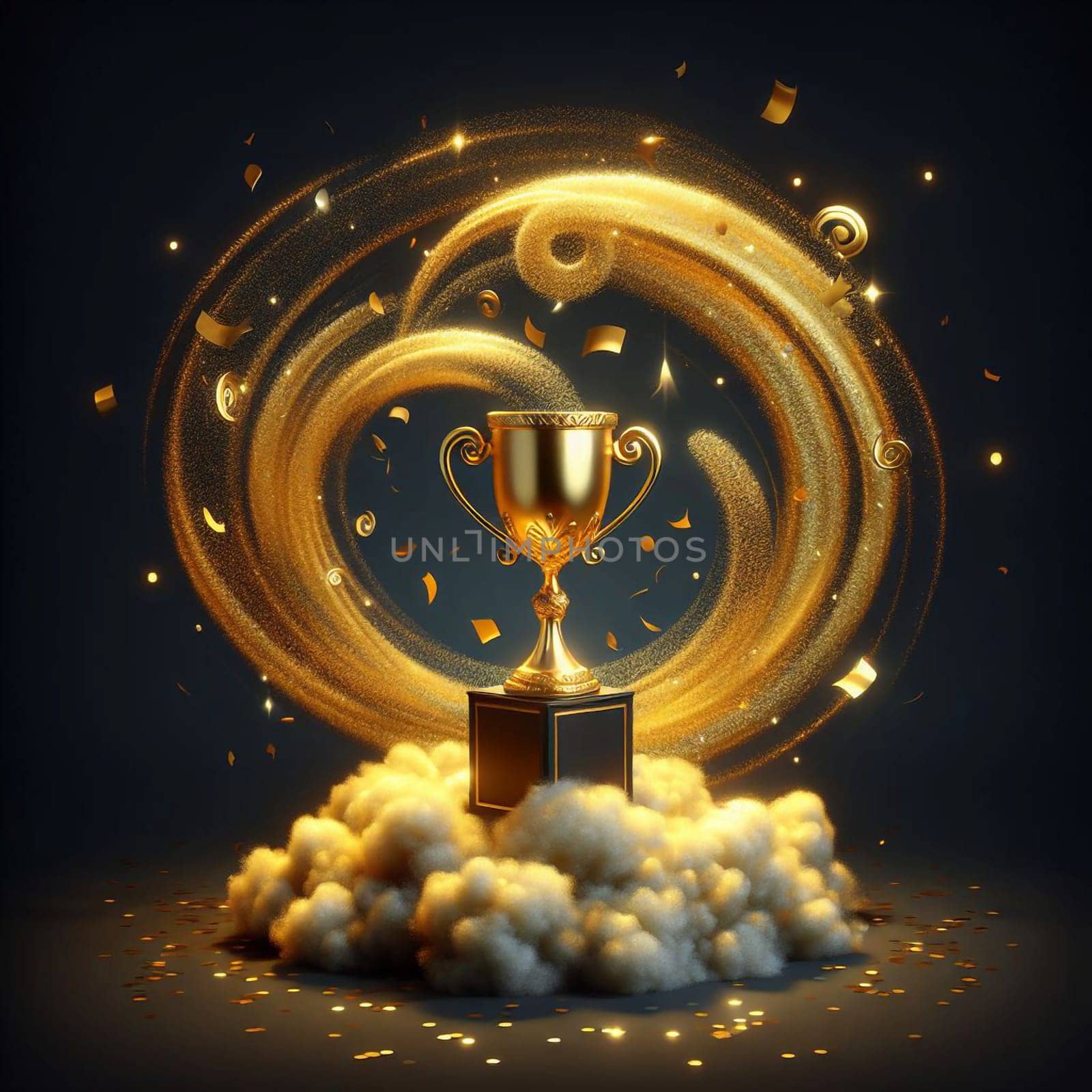 A golden trophy cup on a cloud with a golden sparkle and confetti falling around it. The trophy is a symbol of victory and success. A high-quality photo.