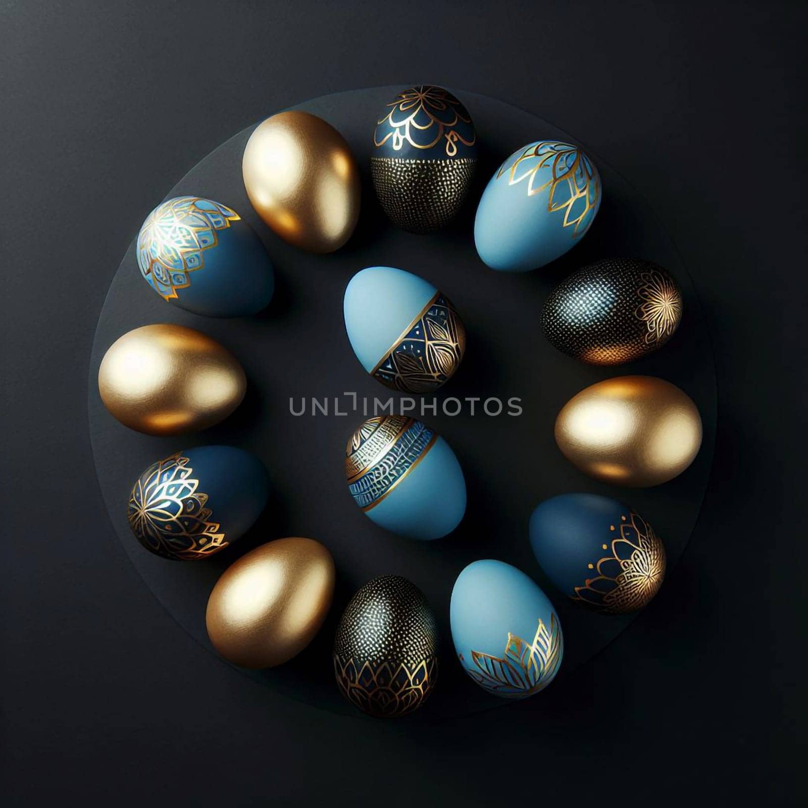 An arrangement of blue and gold Easter eggs with ornate designs, on a dark background. A high-quality photo.