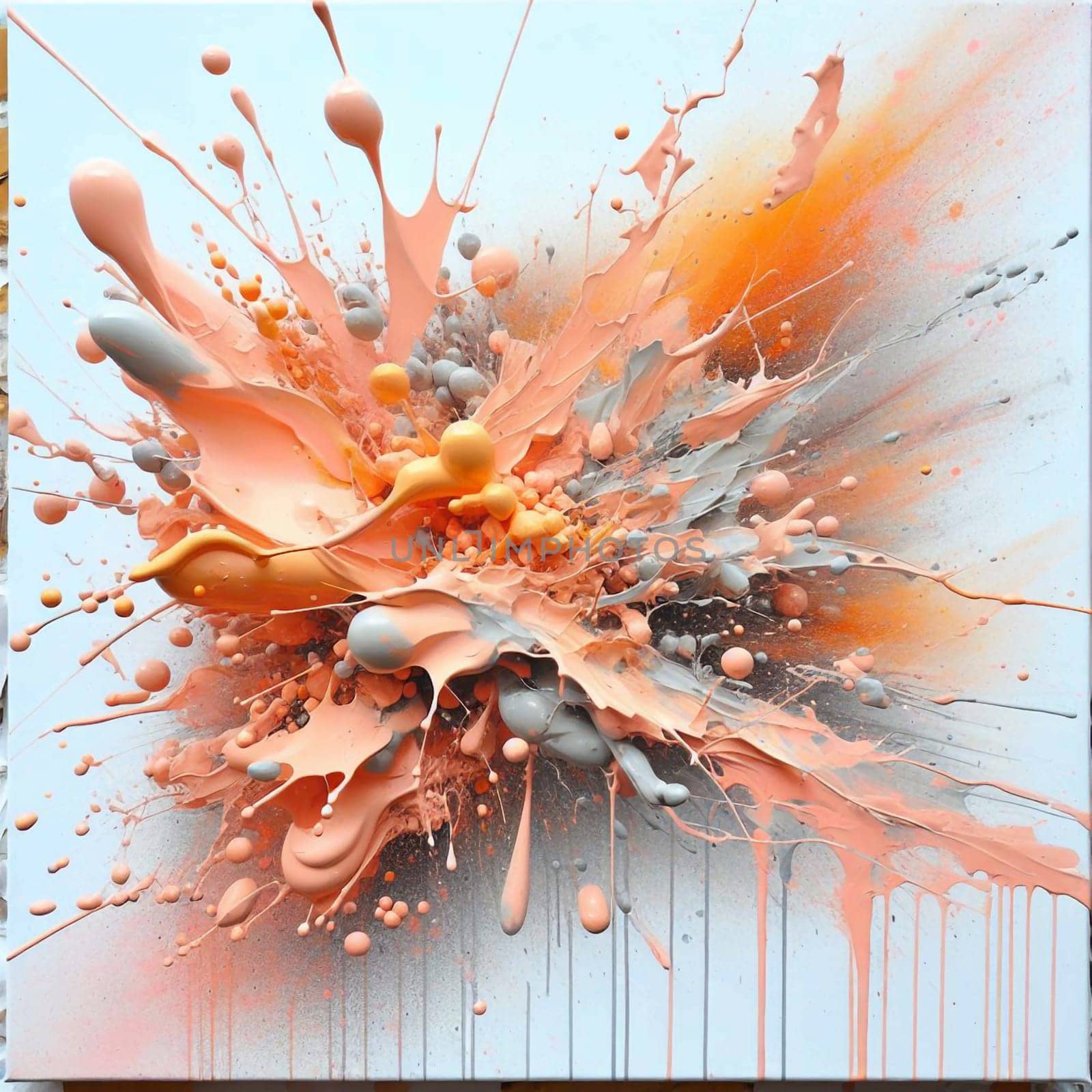 A close-up shot of an abstract painting with orange, gray, and white paint splatters. The paint splatters create a dynamic and energetic effect, resembling an explosion. A high-quality photo.