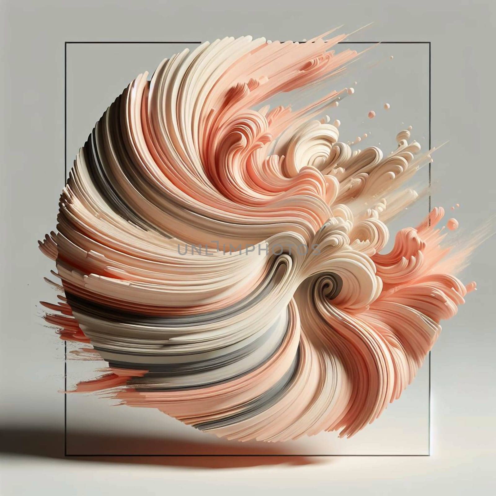 A 3D rendering of a swirling, abstract form made up of layers of peach, white, and gray paint. The form is enclosed in a square frame, creating a sense of depth and dimension. A high-quality photo.