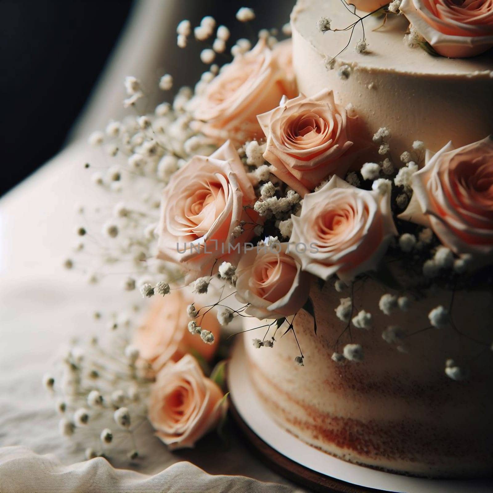 A wedding cake decorated with roses and white flowers. A high-quality photo.