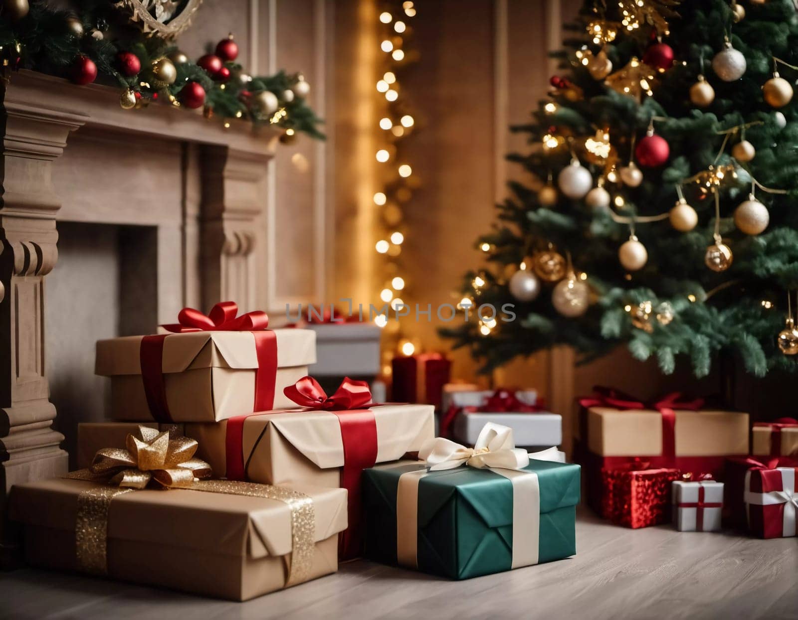 Wrapped presents in various colors sit beneath a decorated spruce tree adorned with shimmering Christmas ornaments, creating a cheerful and festive atmosphere for the New Year celebration.