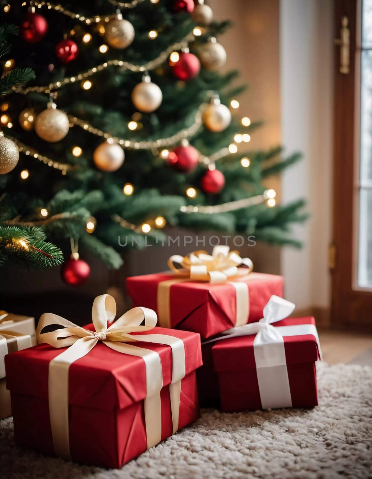 Wrapped presents in various colors sit beneath a decorated spruce tree adorned with shimmering Christmas ornaments, creating a cheerful and festive atmosphere for the New Year celebration.