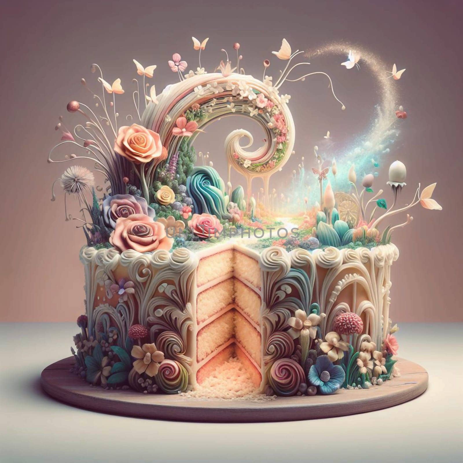 A cake with a slice cut out, revealing a miniature landscape with a river, flowers, and a path. A high-quality photo.