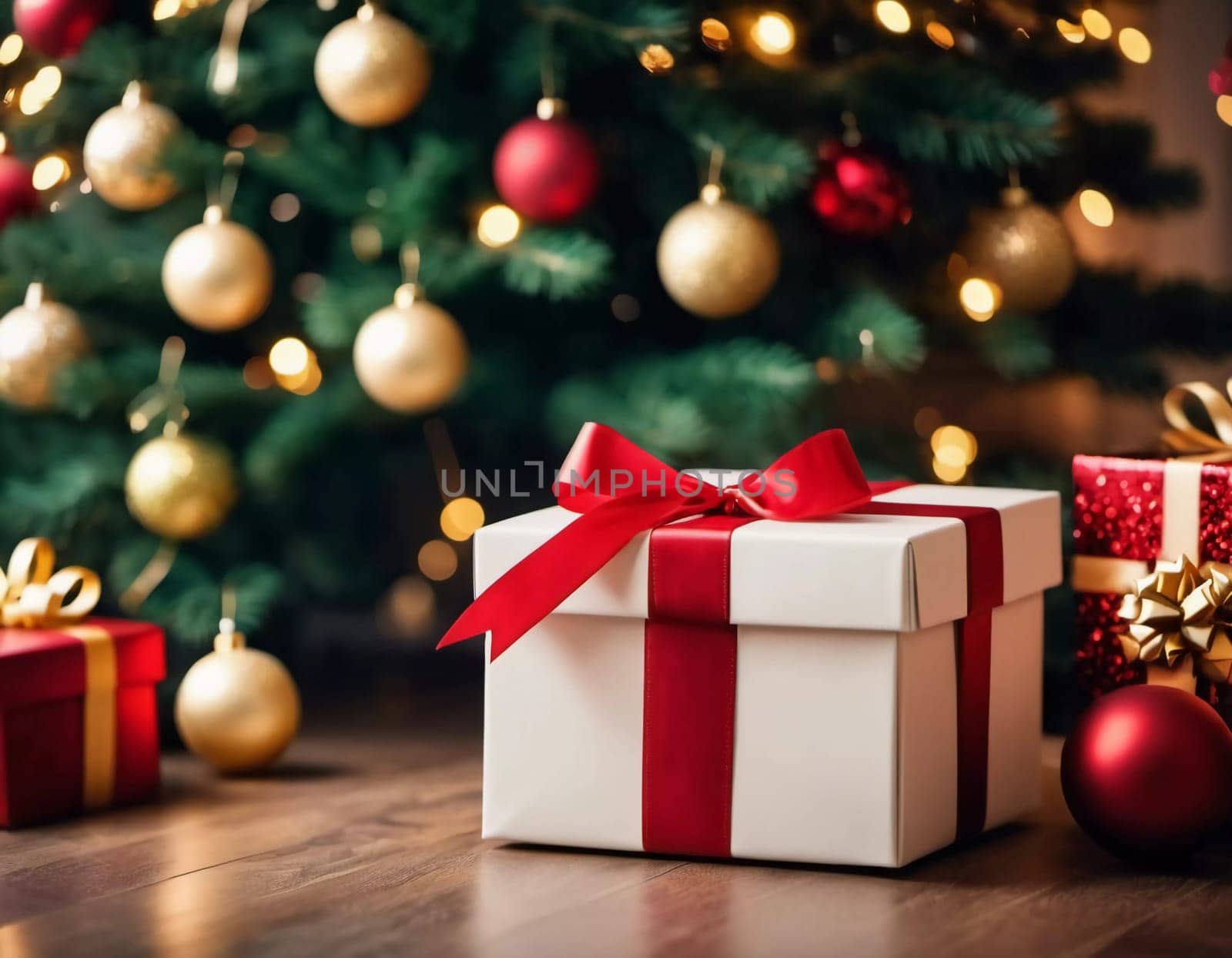 Wrapped presents in various colors sit beneath a decorated spruce tree adorned with shimmering Christmas ornaments, creating a cheerful and festive atmosphere for the New Year celebration.
