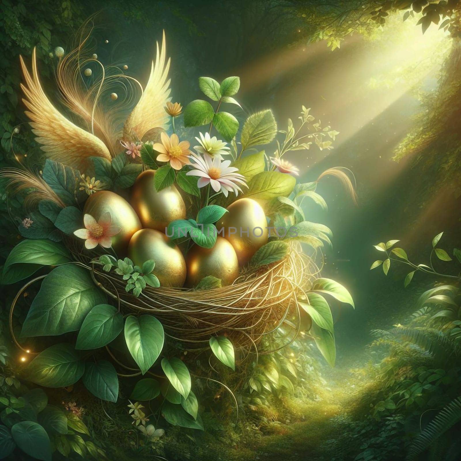 A nest with golden eggs and flowers, in a forest setting, illuminated by sunlight streaming through the trees. A high-quality photo.