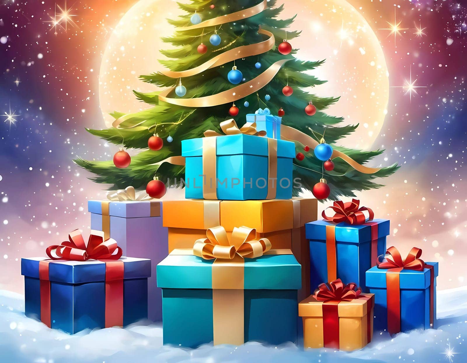 A decorated Christmas tree adorned with colorful ornaments and stacked presents ready for celebration in cozy holiday setting. Wrapped gifts of various colors. Festive atmosphere, warmth and joy. AI.