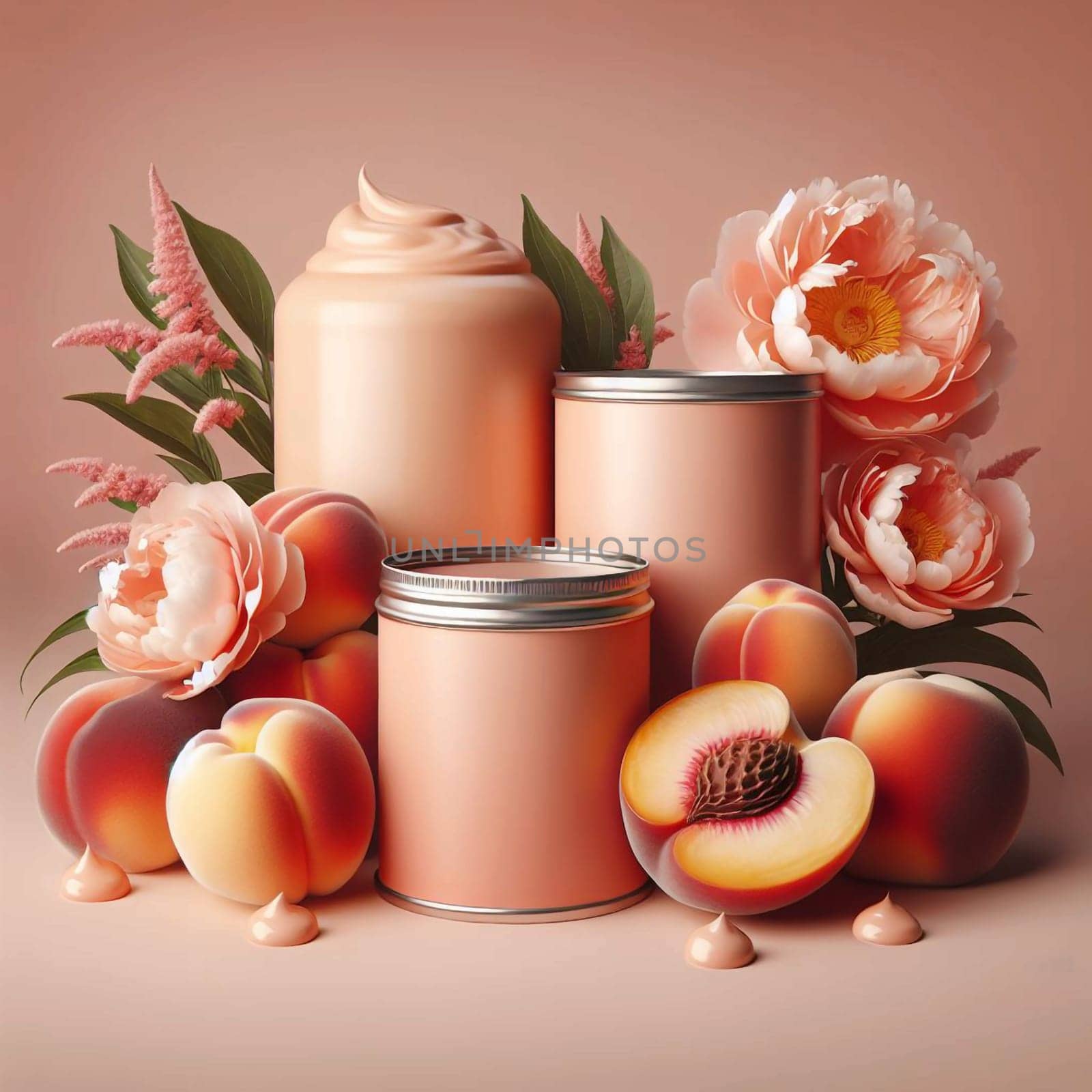 A still life of beauty products with peaches and flowers. A high-quality photo.