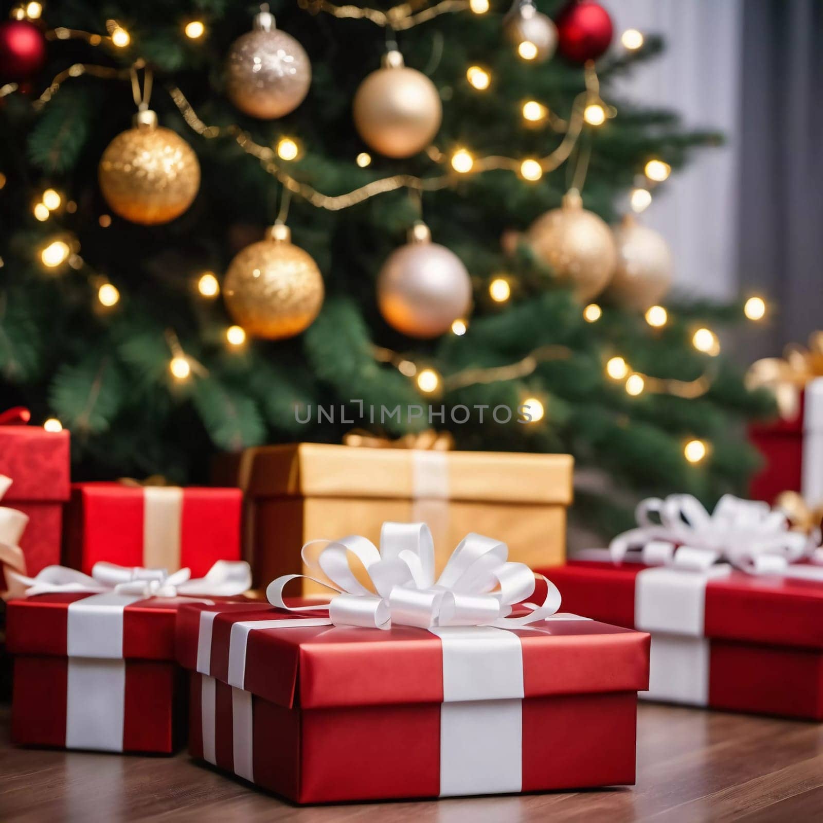 Wrapped presents in various colors sit beneath a decorated spruce tree adorned with shimmering Christmas ornaments, creating a cheerful and festive atmosphere for the New Year celebration.