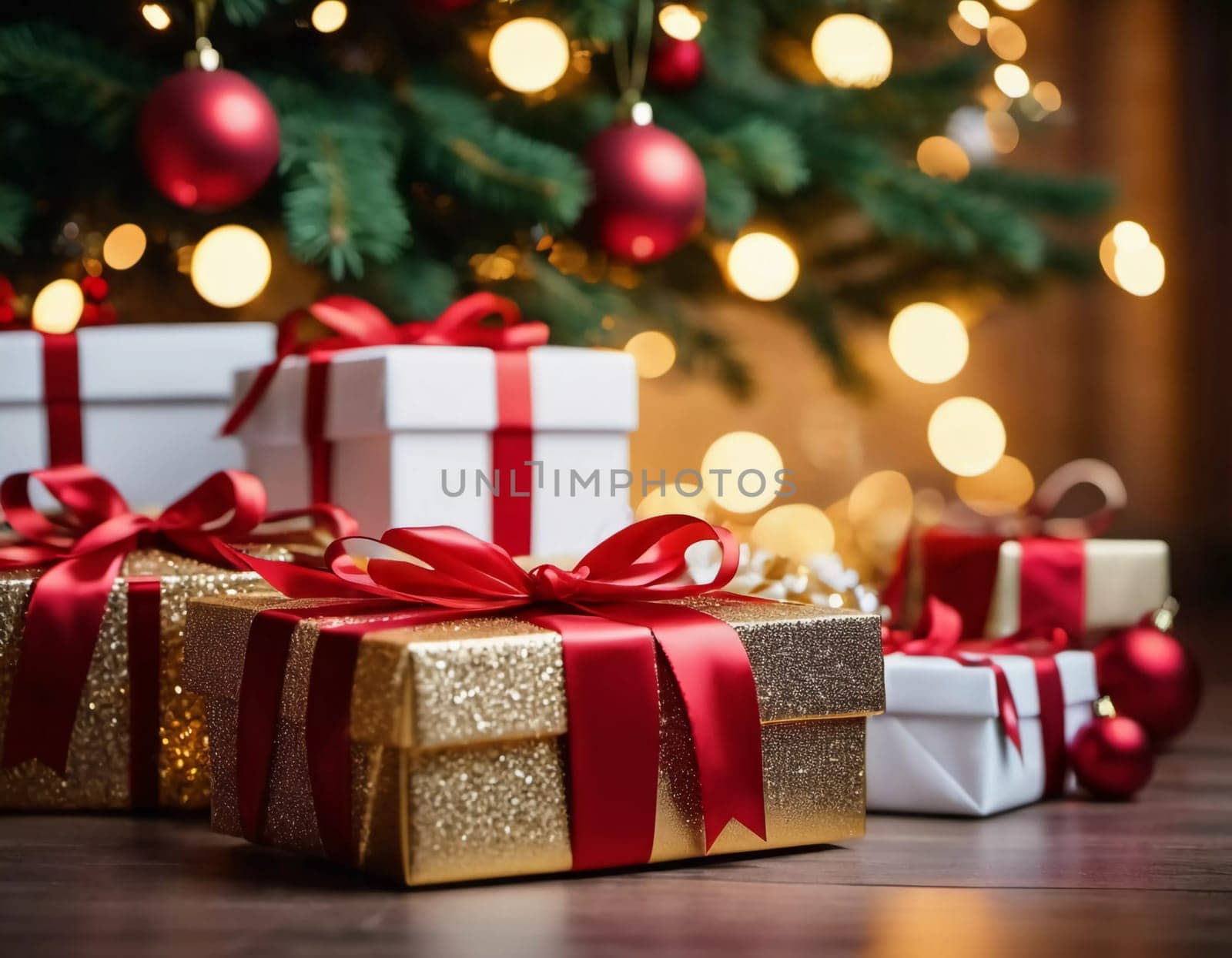 Wrapped presents in various colors sit beneath a decorated spruce tree adorned with shimmering Christmas ornaments, creating a cheerful and festive atmosphere for the New Year celebration.