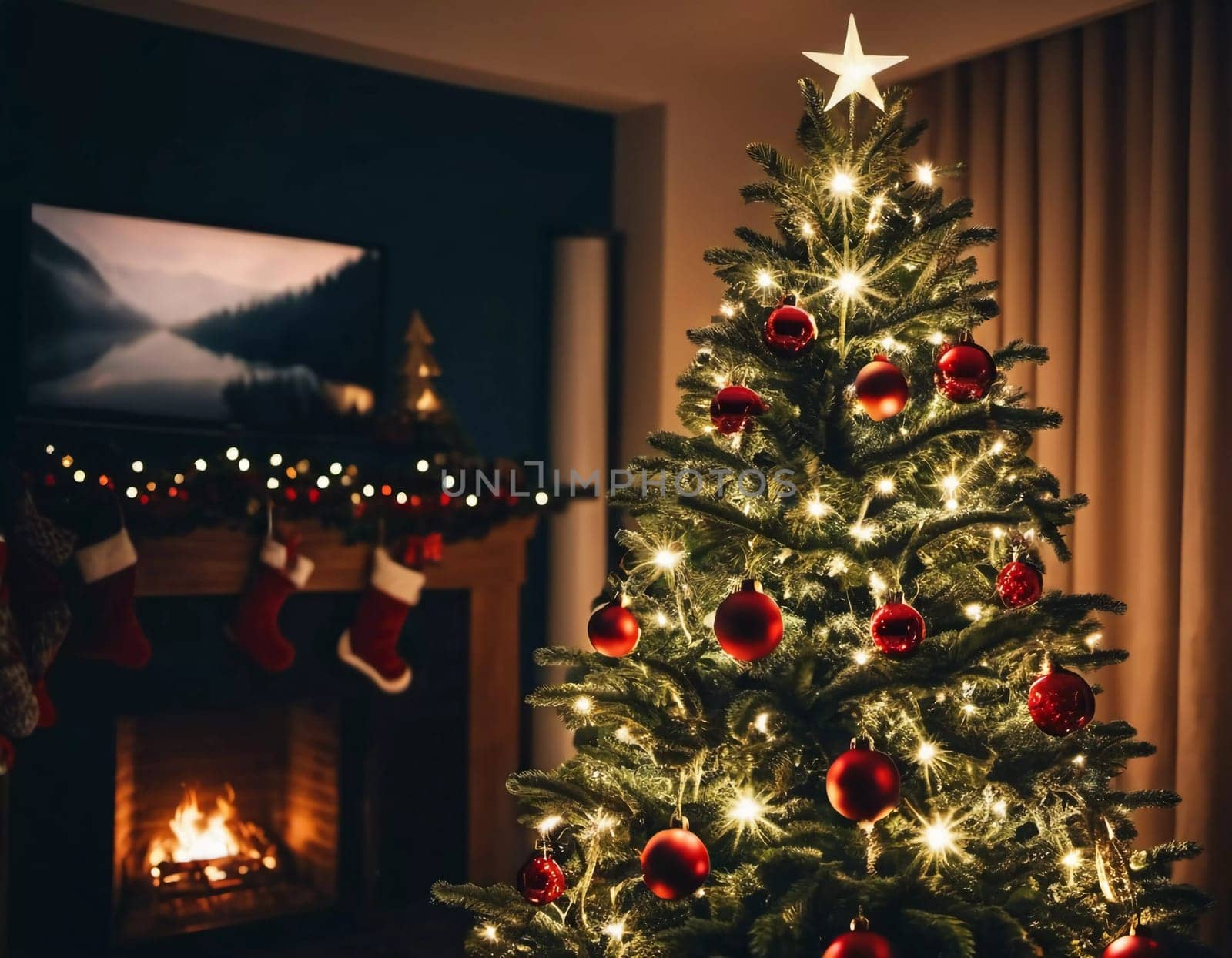 Colorful Christmas decorations adorn the branches of a spruce tree, vibrant balls in shades of red, gold, and pink, embodying holiday cheer in winter. Happy New Year art background. Generative AI.