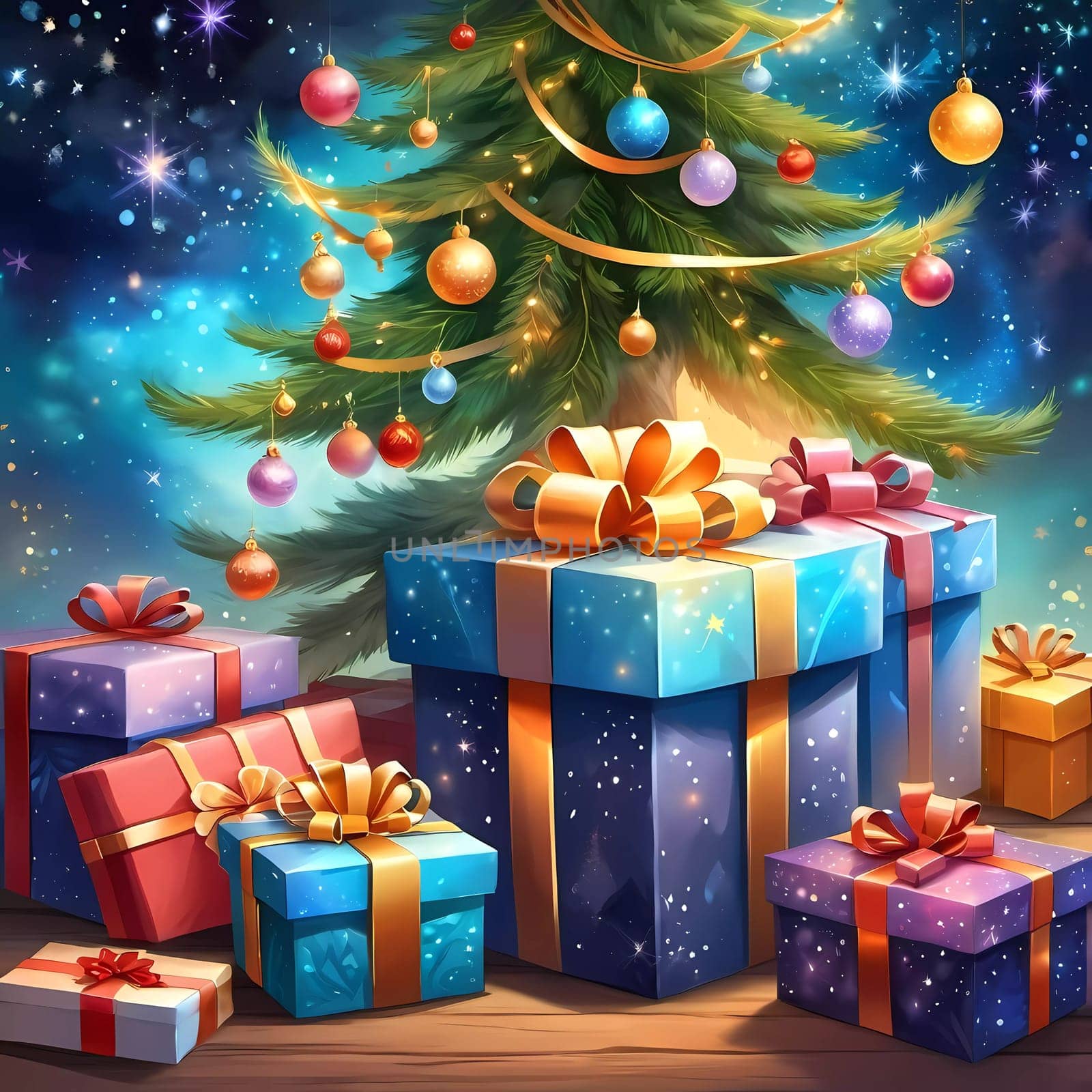 A decorated Christmas tree adorned with colorful ornaments and stacked presents ready for celebration in cozy holiday setting. Wrapped gifts of various colors. Festive atmosphere, warmth and joy. AI.