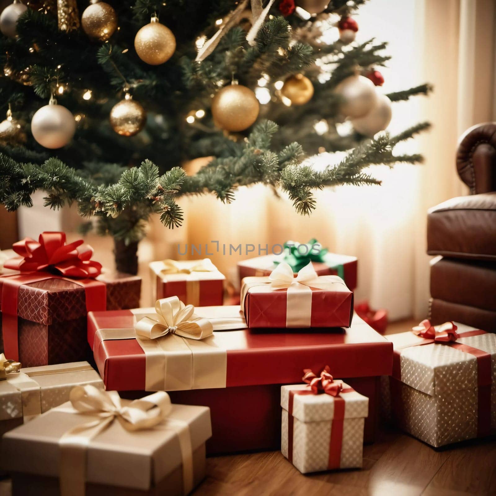 Wrapped presents in various colors sit beneath a decorated spruce tree adorned with shimmering Christmas ornaments, creating a cheerful and festive atmosphere for the New Year celebration.