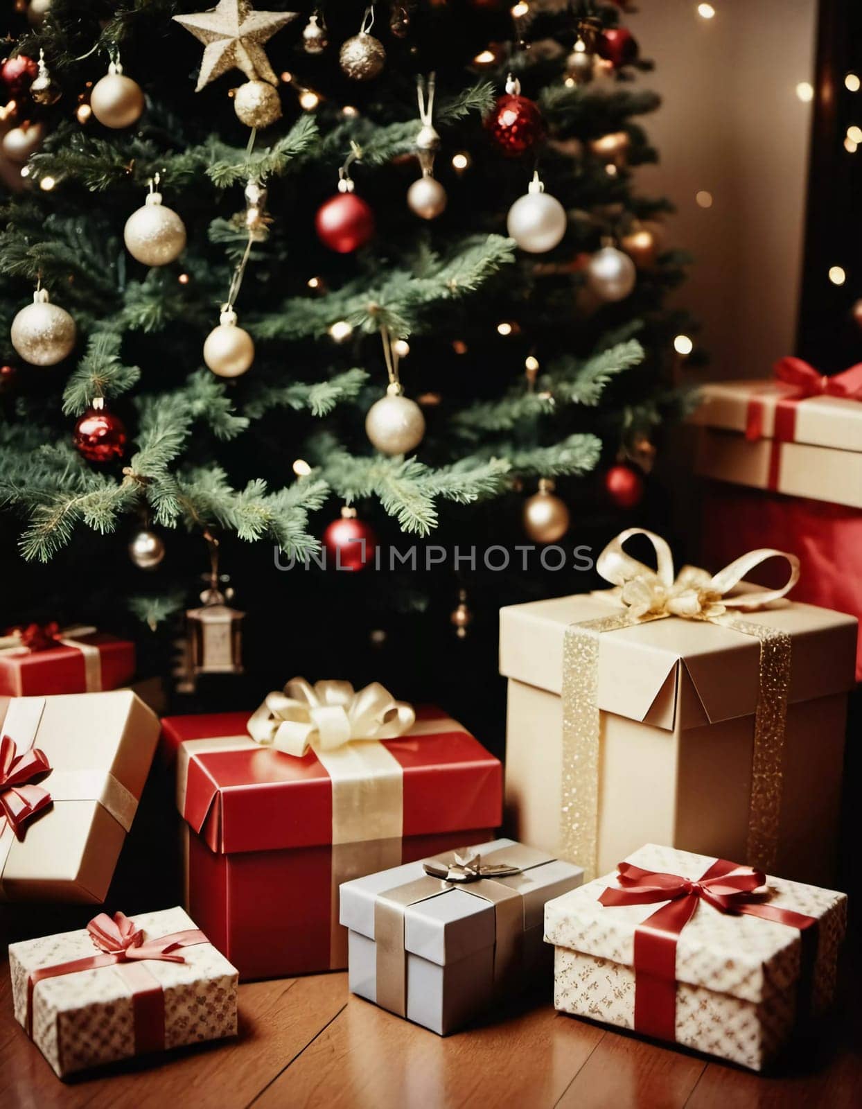 Wrapped presents in various colors sit beneath a decorated spruce tree adorned with shimmering Christmas ornaments, creating a cheerful and festive atmosphere for the New Year celebration.