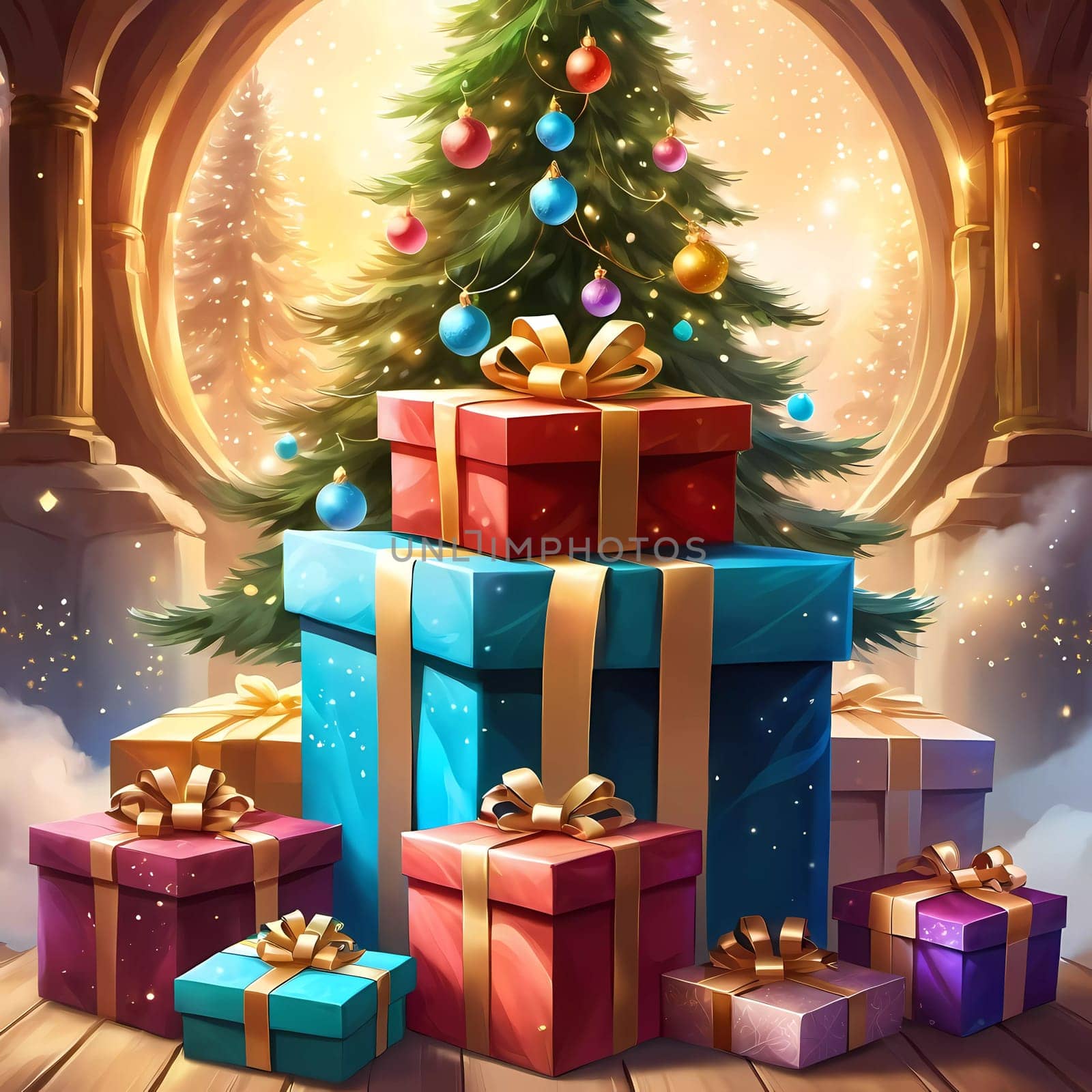 A decorated Christmas tree adorned with colorful ornaments and stacked presents ready for celebration in cozy holiday setting. Wrapped gifts of various colors. Festive atmosphere, warmth and joy. AI.