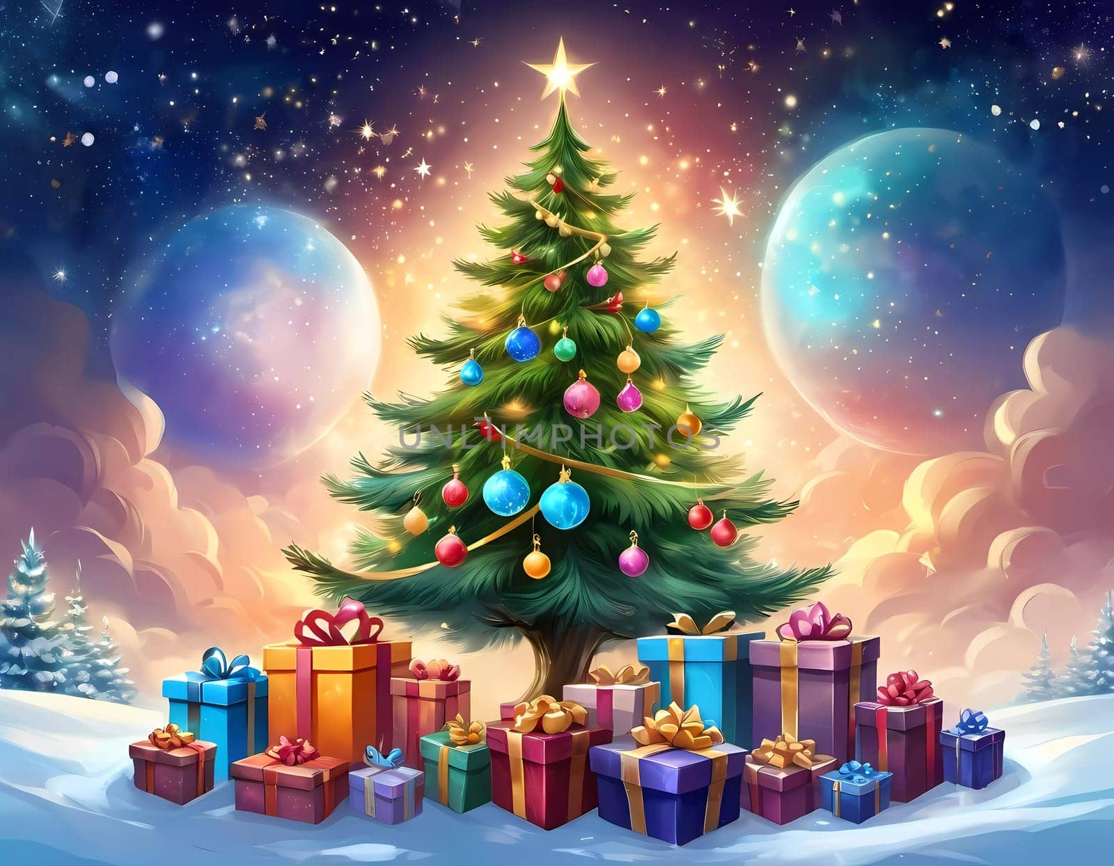 A decorated Christmas tree adorned with colorful ornaments and stacked presents ready for celebration in cozy holiday setting. Wrapped gifts of various colors. Festive atmosphere, warmth and joy. AI.