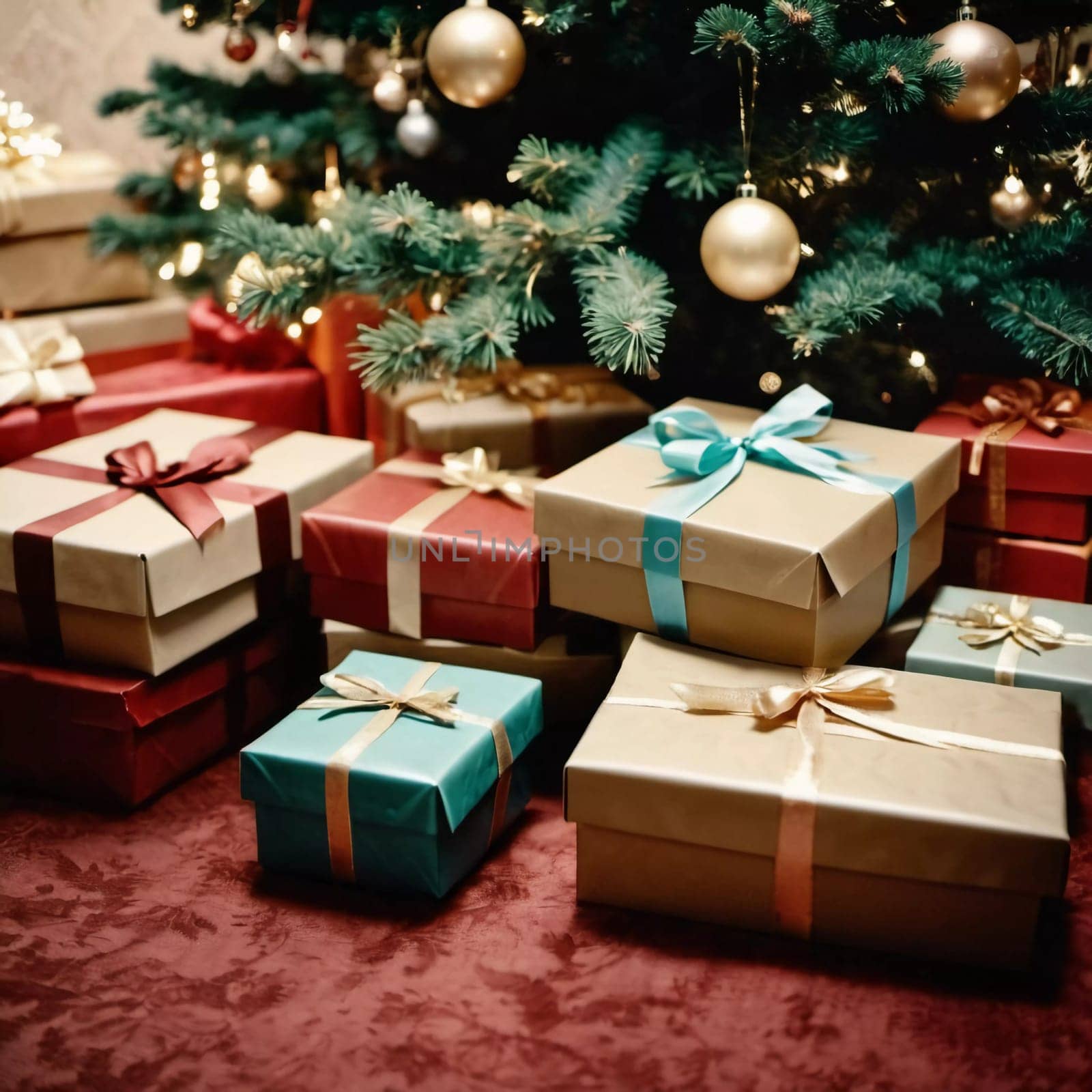 Wrapped presents in various colors sit beneath a decorated spruce tree adorned with shimmering Christmas ornaments, creating a cheerful and festive atmosphere for the New Year celebration.