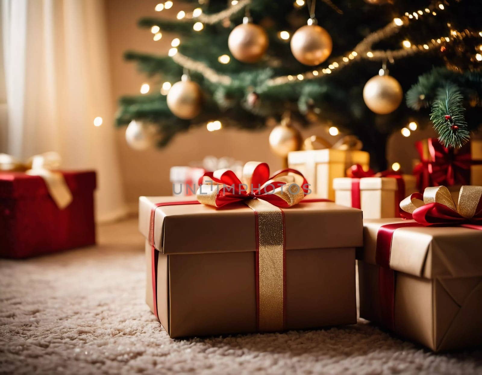 Wrapped presents in various colors sit beneath a decorated spruce tree adorned with shimmering Christmas ornaments, creating a cheerful and festive atmosphere for the New Year celebration.