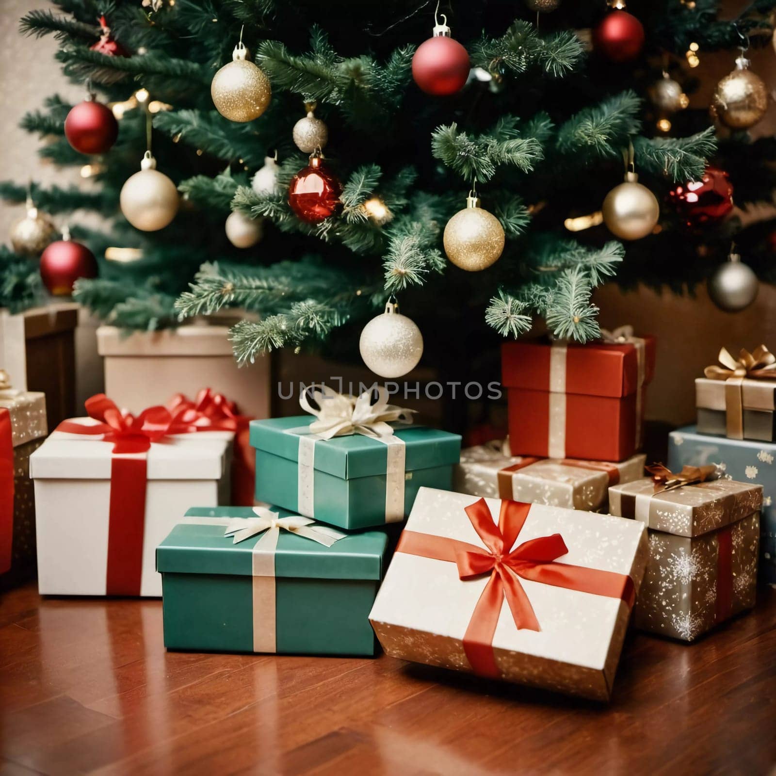 Wrapped presents in various colors sit beneath a decorated spruce tree adorned with shimmering Christmas ornaments, creating a cheerful and festive atmosphere for the New Year celebration.