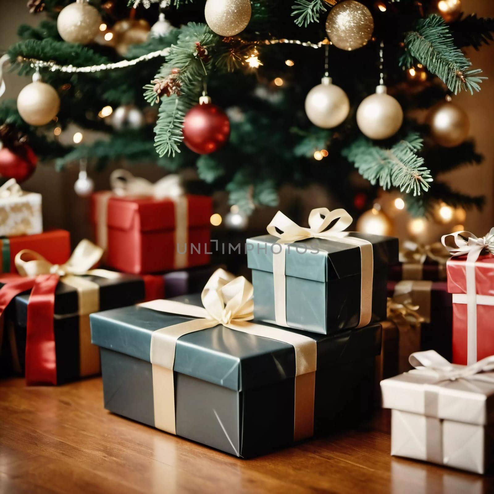 Wrapped presents in various colors sit beneath a decorated spruce tree adorned with shimmering Christmas ornaments, creating a cheerful and festive atmosphere for the New Year celebration.