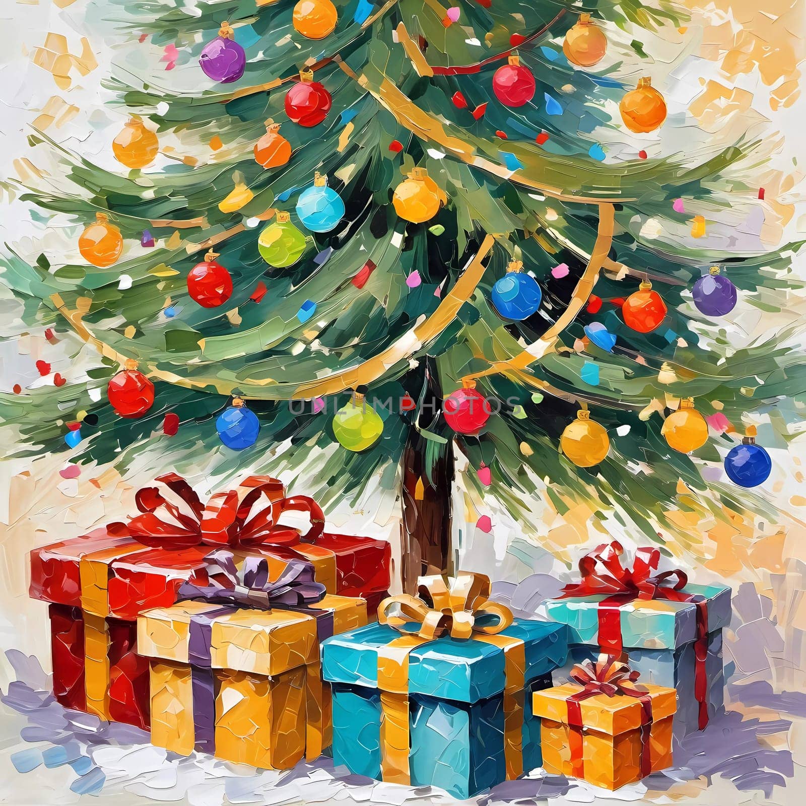 A decorated Christmas tree adorned with colorful ornaments and stacked presents ready for celebration in cozy holiday setting. Wrapped gifts of various colors. Festive atmosphere, warmth and joy. AI.