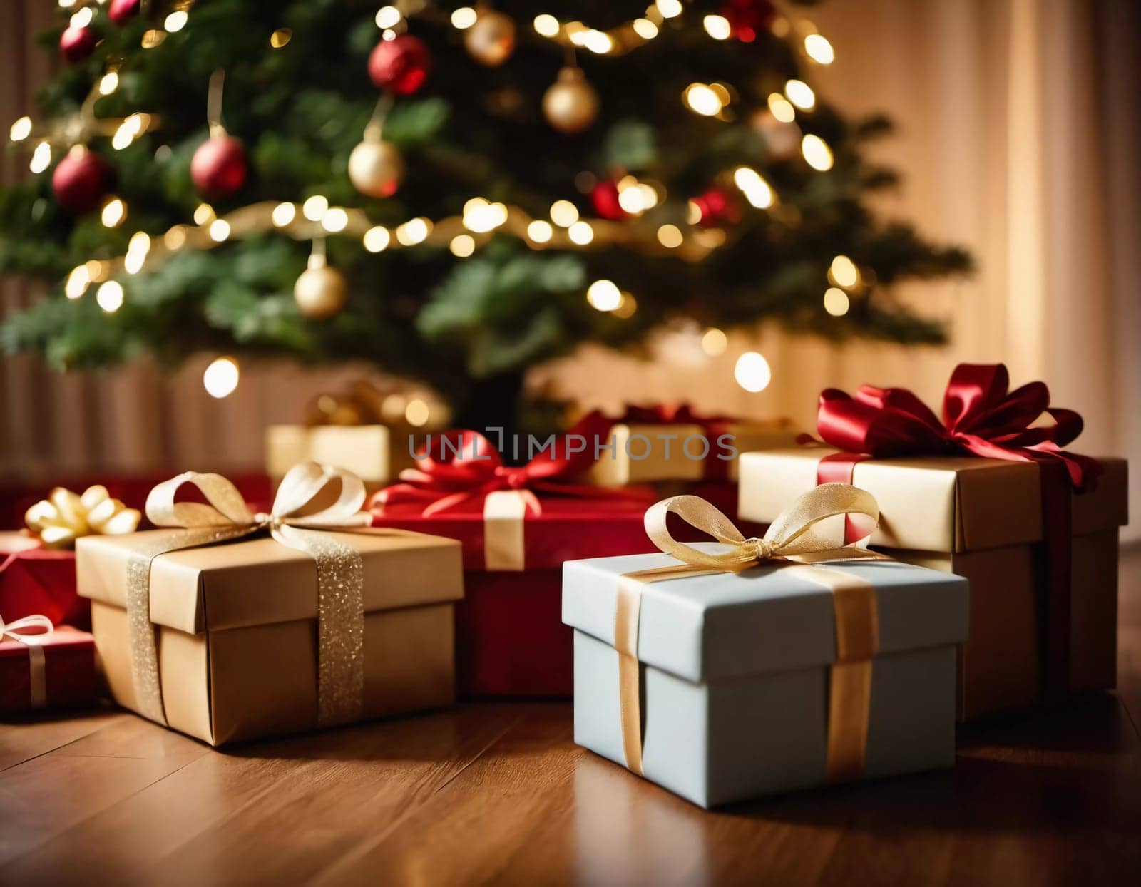 Wrapped presents in various colors sit beneath a decorated spruce tree adorned with shimmering Christmas ornaments, creating a cheerful and festive atmosphere for the New Year celebration.