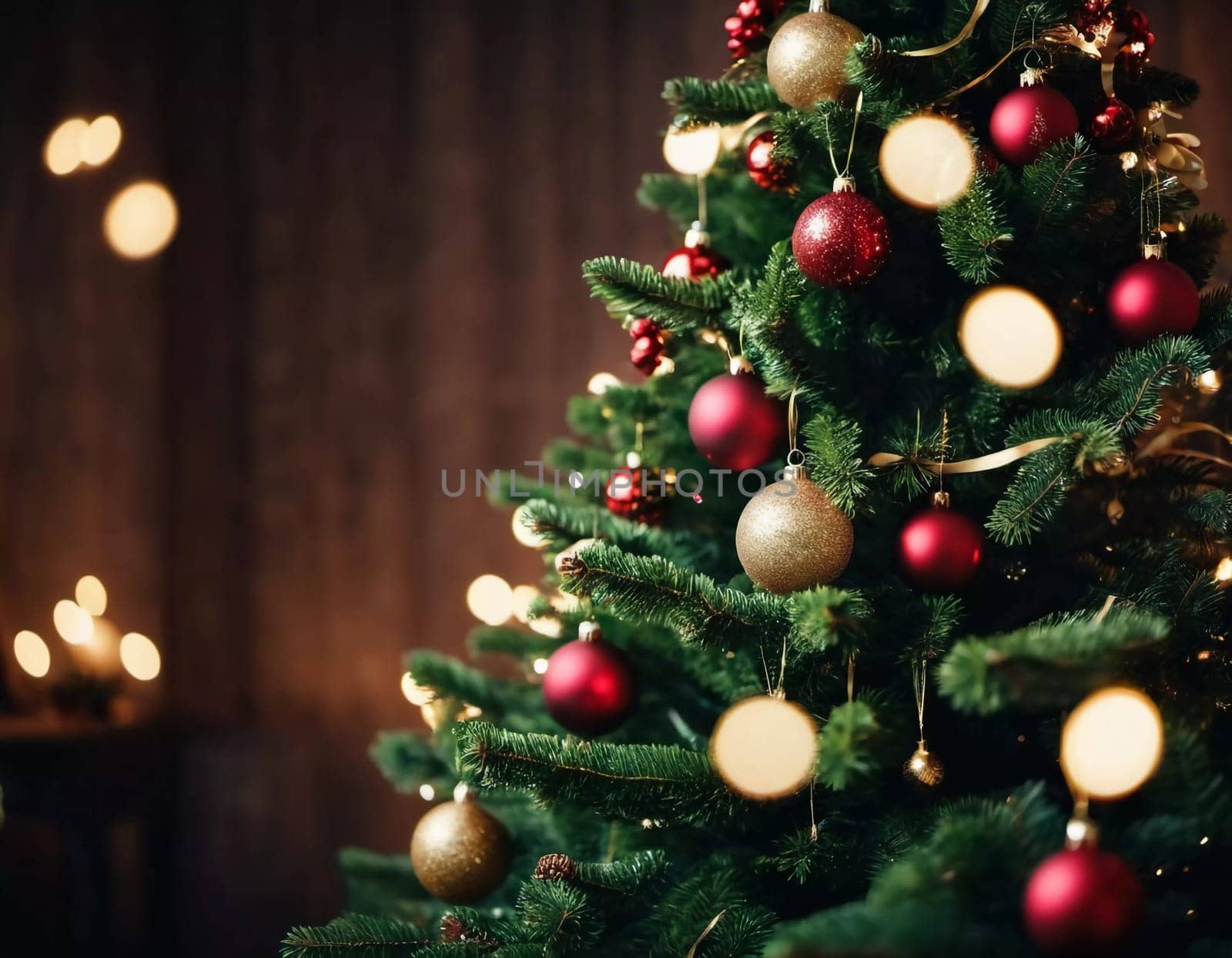 Colorful Christmas decorations adorn the branches of a spruce tree, vibrant balls in shades of red, gold, and pink, embodying holiday cheer in winter. Happy New Year art background. Generative AI.