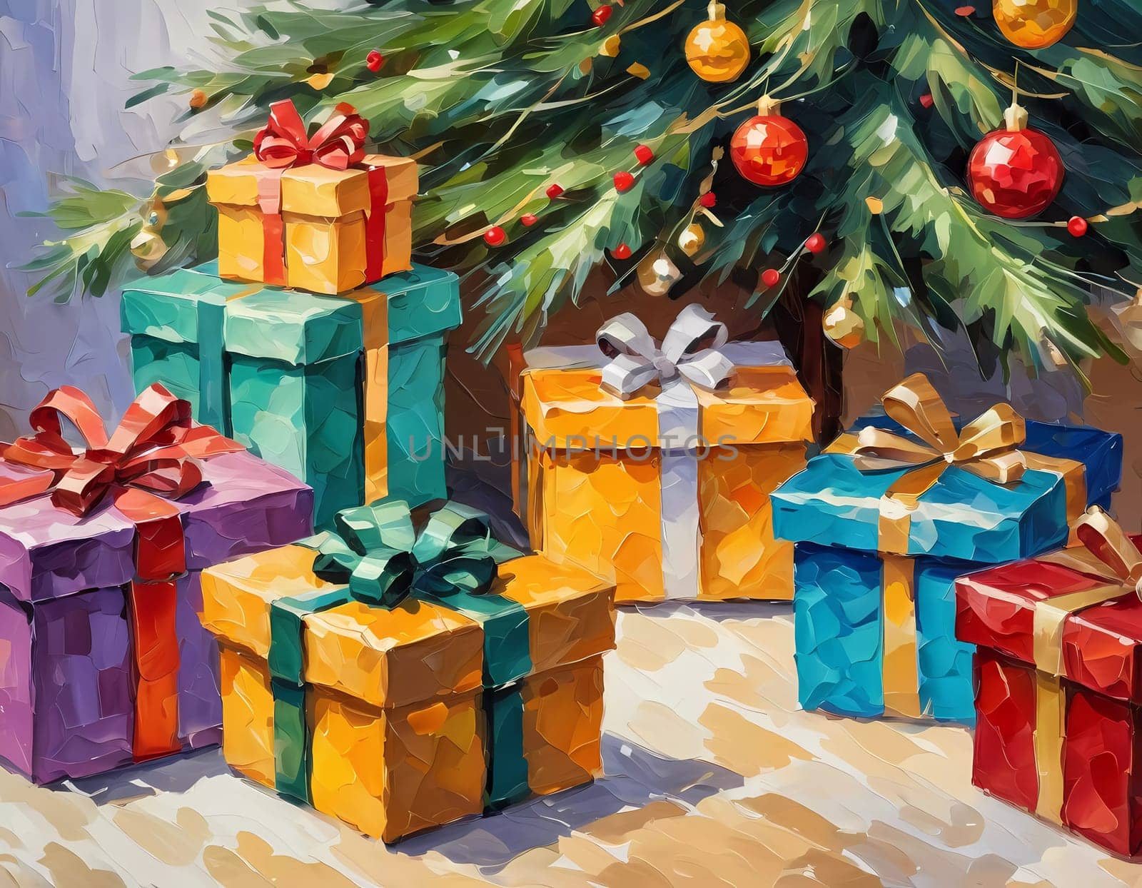 A decorated Christmas tree adorned with colorful ornaments and stacked presents ready for celebration in cozy holiday setting. Wrapped gifts of various colors. Festive atmosphere, warmth and joy. AI.
