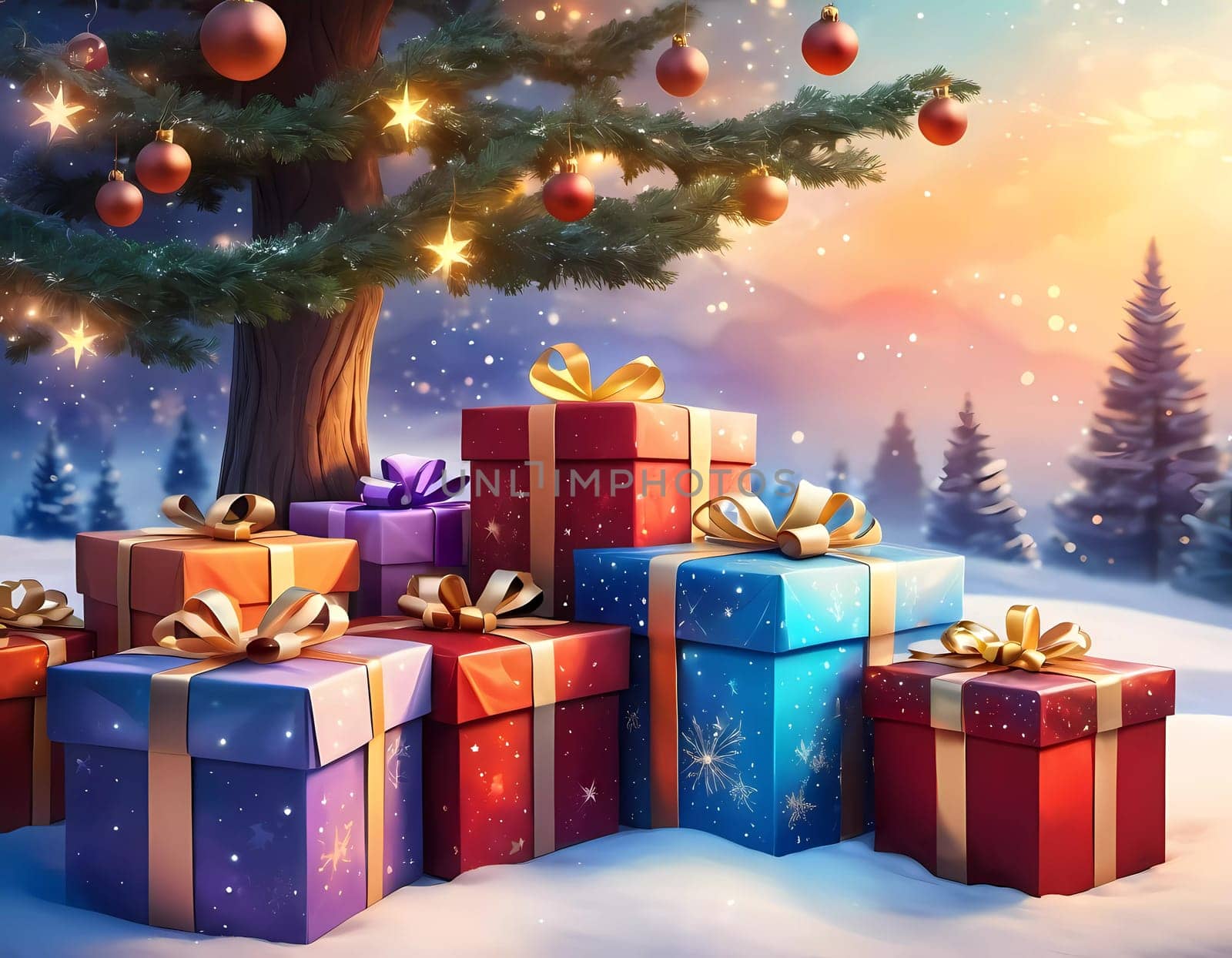 A decorated Christmas tree adorned with colorful ornaments and stacked presents ready for celebration in cozy holiday setting. Wrapped gifts of various colors. Festive atmosphere, warmth and joy. AI.