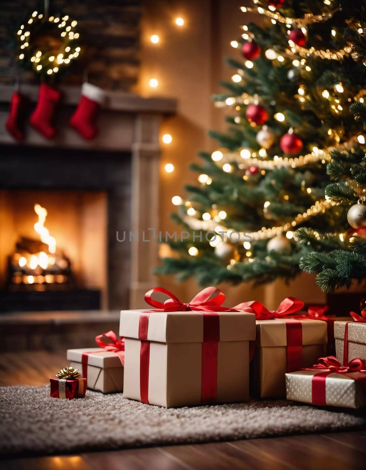 Wrapped presents in various colors sit beneath a decorated spruce tree adorned with shimmering Christmas ornaments, creating a cheerful and festive atmosphere for the New Year celebration.