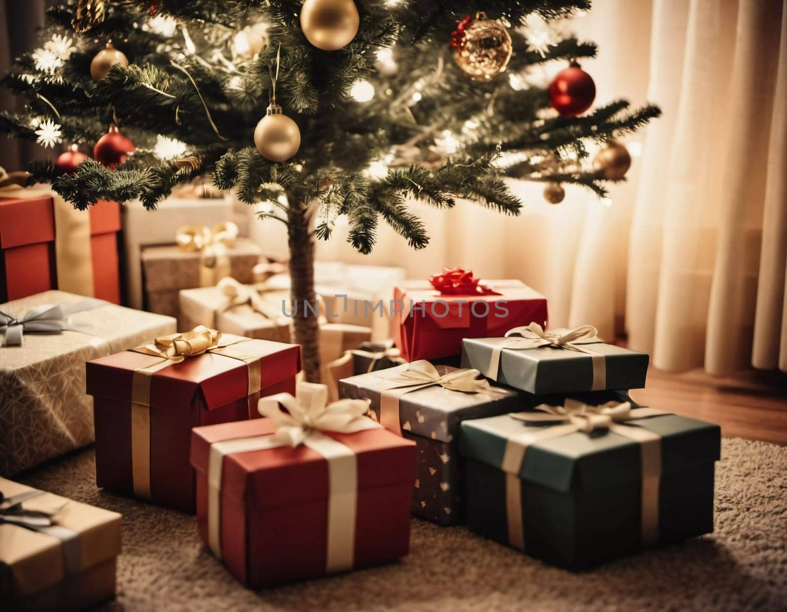 Wrapped presents in various colors sit beneath a decorated spruce tree adorned with shimmering Christmas ornaments, creating a cheerful and festive atmosphere for the New Year celebration.