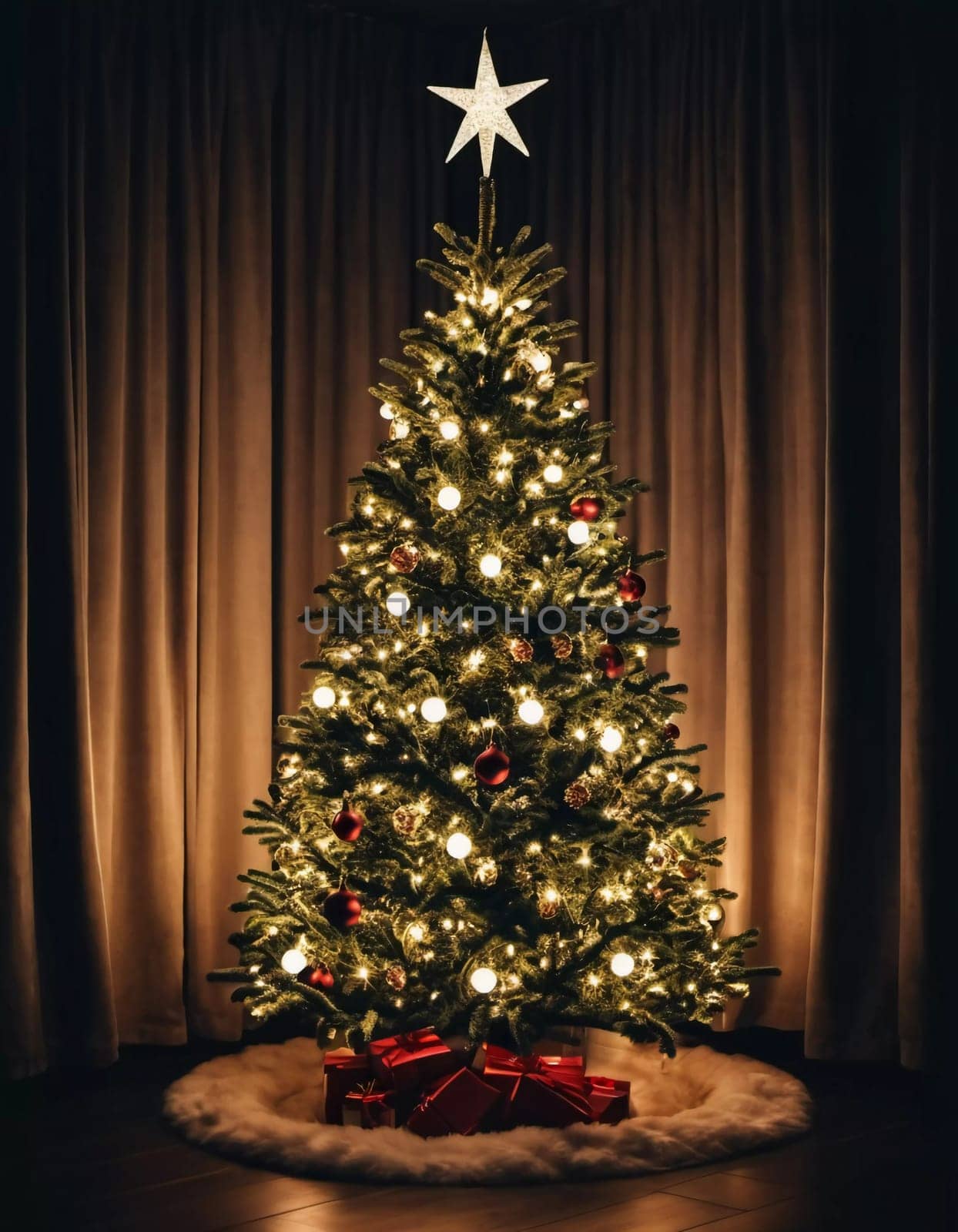 Colorful Christmas decorations adorn the branches of a spruce tree, vibrant balls in shades of red, gold, and pink, embodying holiday cheer in winter. Happy New Year art background. Generative AI.