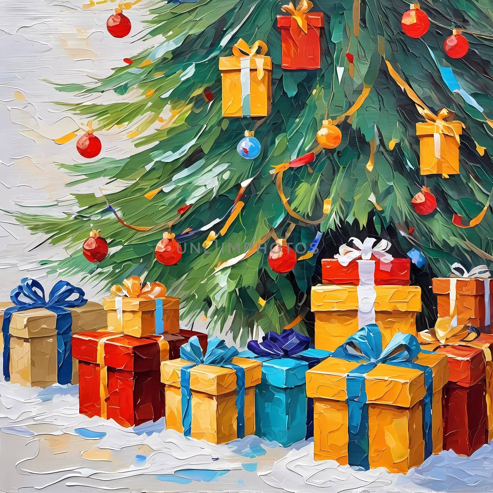 A decorated Christmas tree adorned with colorful ornaments and stacked presents ready for celebration in cozy holiday setting. Wrapped gifts of various colors. Festive atmosphere, warmth and joy. AI.
