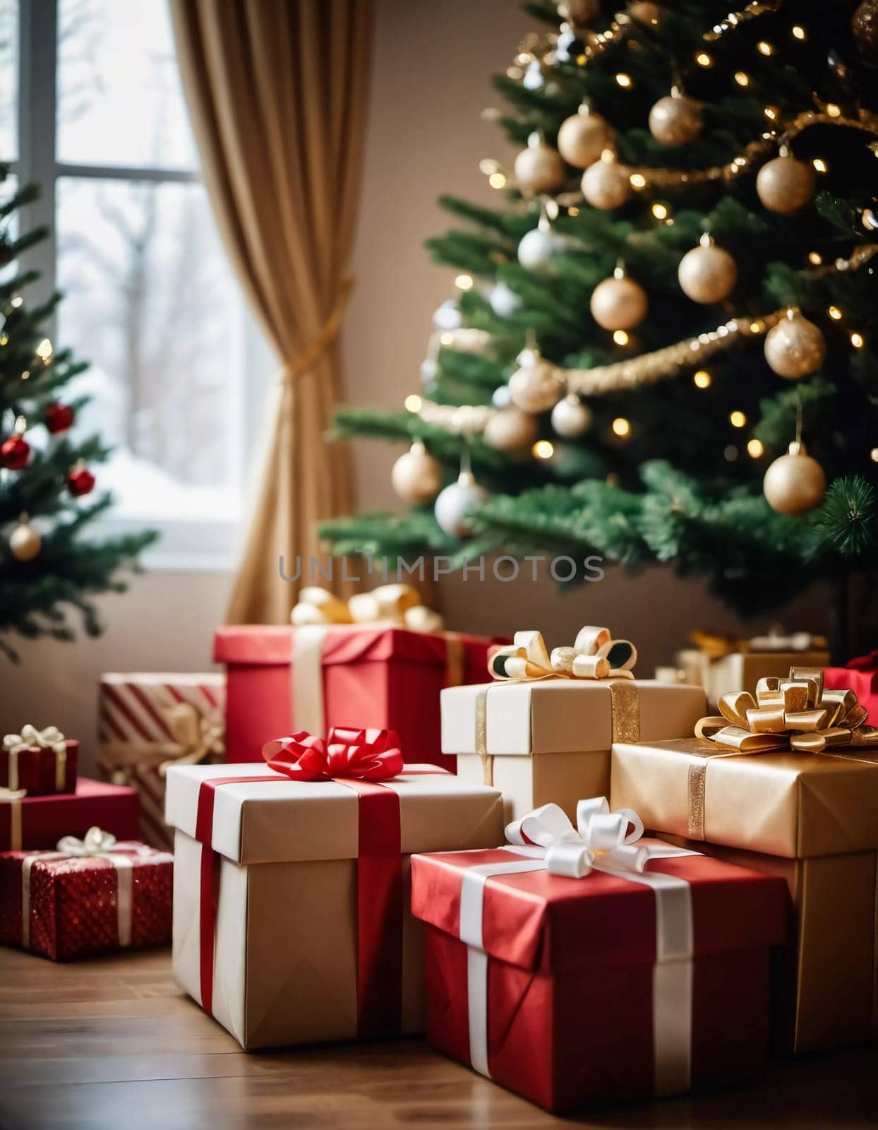Wrapped presents in various colors sit beneath a decorated spruce tree adorned with shimmering Christmas ornaments, creating a cheerful and festive atmosphere for the New Year celebration.