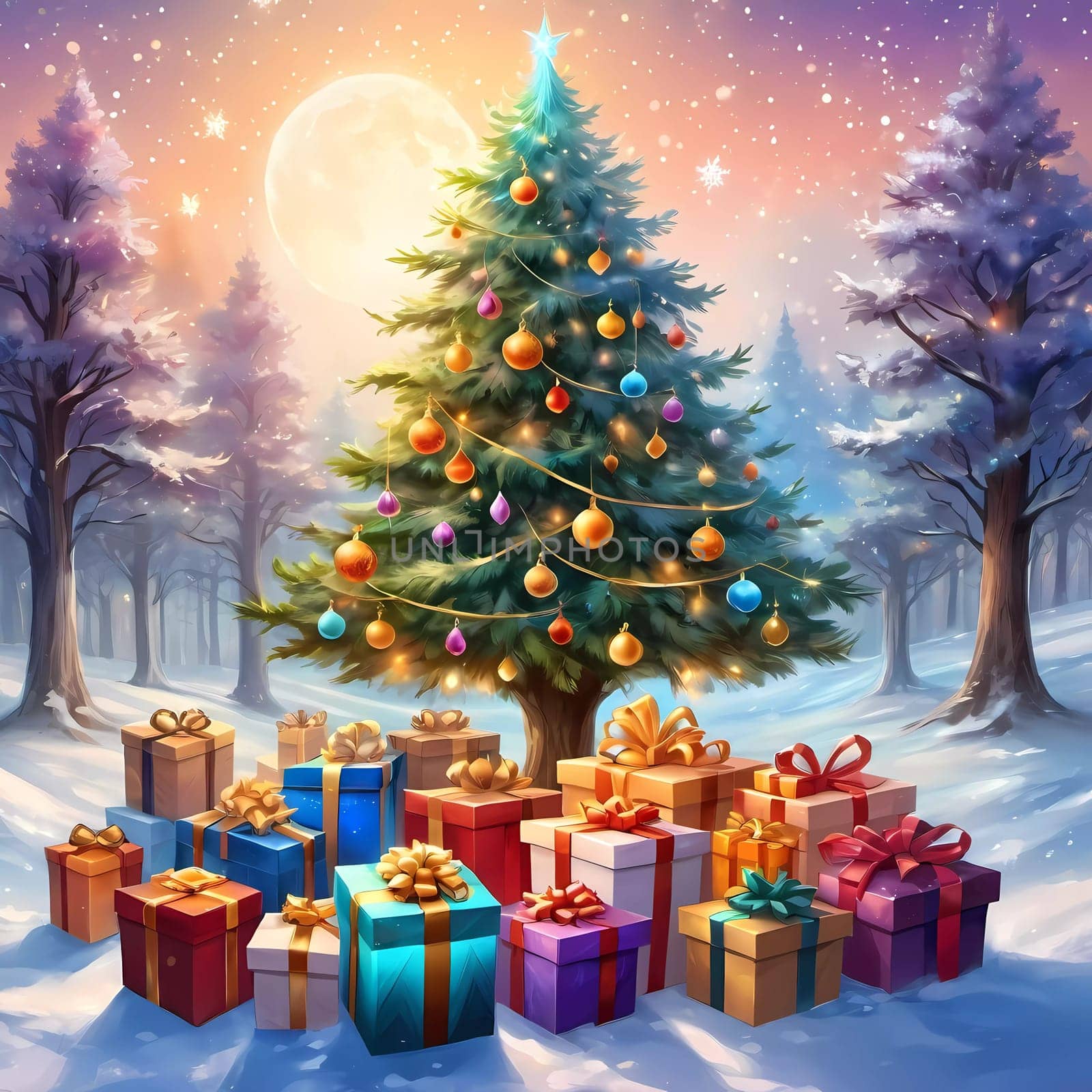 A decorated Christmas tree adorned with colorful ornaments and stacked presents ready for celebration in cozy holiday setting. Wrapped gifts of various colors. Festive atmosphere, warmth and joy. AI.