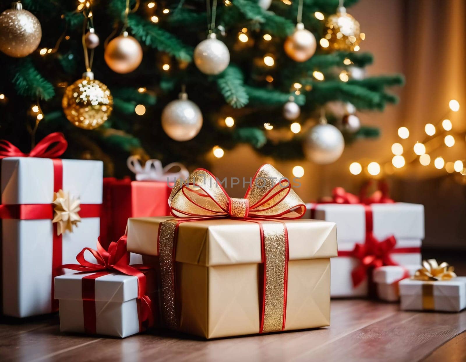 Wrapped presents in various colors sit beneath a decorated spruce tree adorned with shimmering Christmas ornaments, creating a cheerful and festive atmosphere for the New Year celebration.