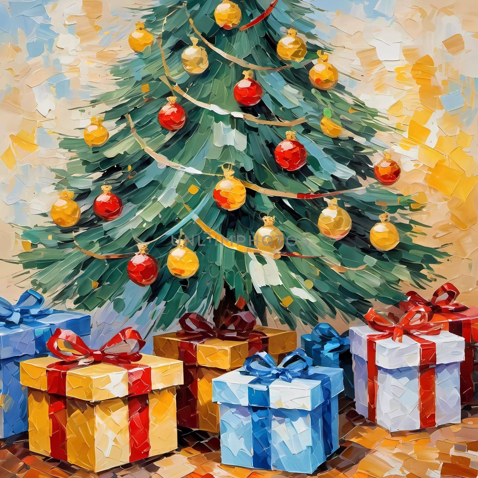 A decorated Christmas tree adorned with colorful ornaments and stacked presents ready for celebration in cozy holiday setting. Wrapped gifts of various colors. Festive atmosphere, warmth and joy. AI.