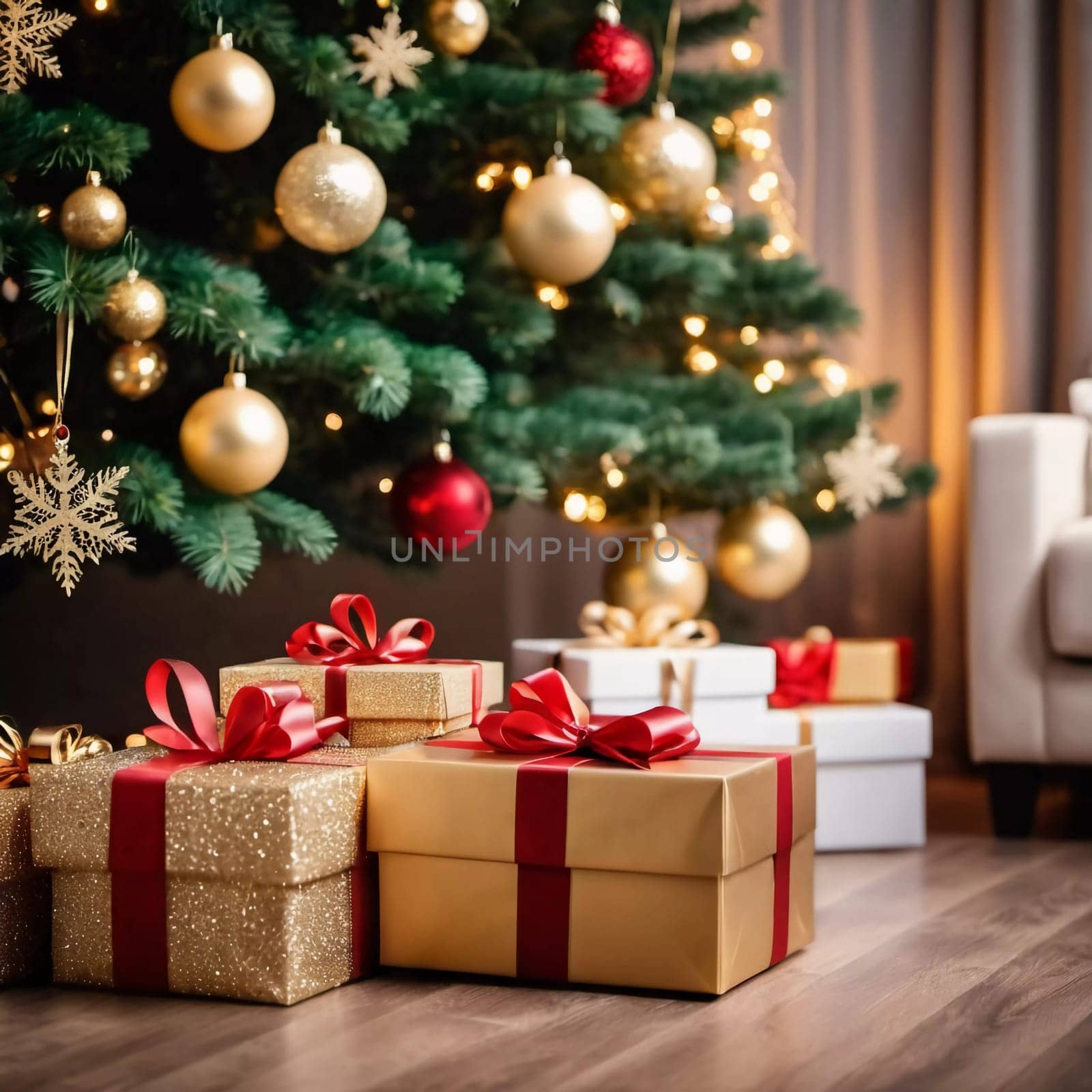 Wrapped presents in various colors sit beneath a decorated spruce tree adorned with shimmering Christmas ornaments, creating a cheerful and festive atmosphere for the New Year celebration.