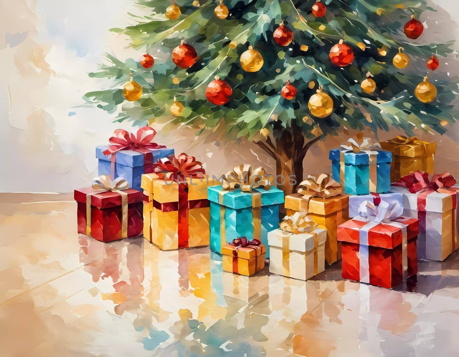A decorated Christmas tree adorned with colorful ornaments and stacked presents ready for celebration in cozy holiday setting. Wrapped gifts of various colors. Festive atmosphere, warmth and joy. AI.