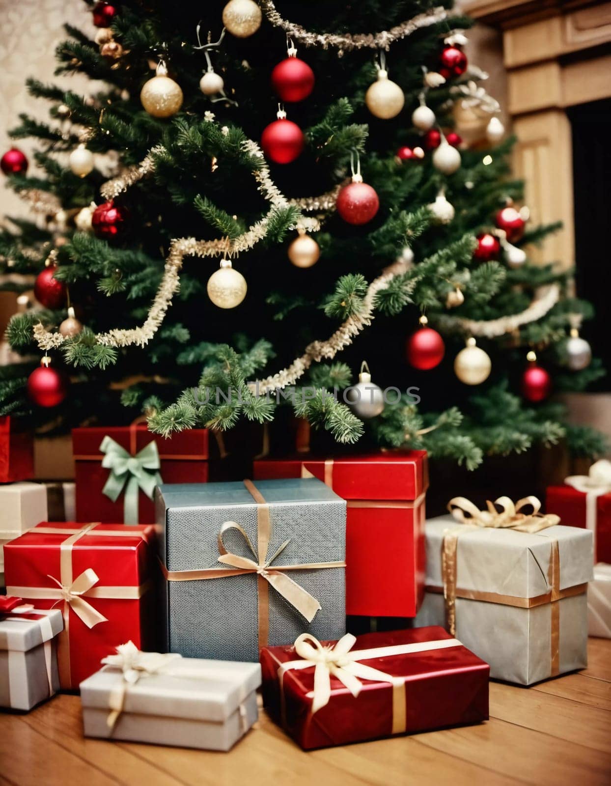 Wrapped presents in various colors sit beneath a decorated spruce tree adorned with shimmering Christmas ornaments, creating a cheerful and festive atmosphere for the New Year celebration.