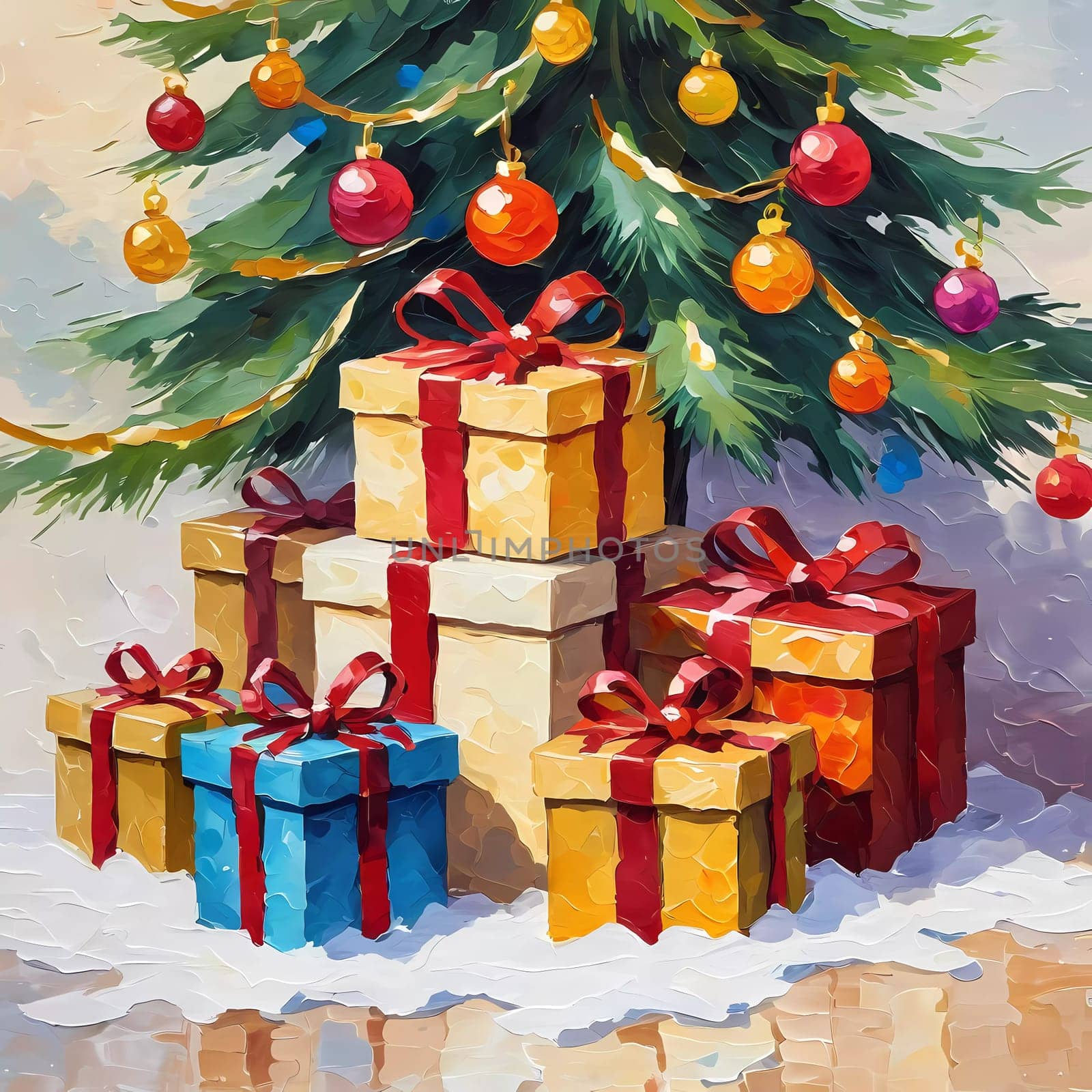 A decorated Christmas tree adorned with colorful ornaments and stacked presents ready for celebration in cozy holiday setting. Wrapped gifts of various colors. Festive atmosphere, warmth and joy. AI.