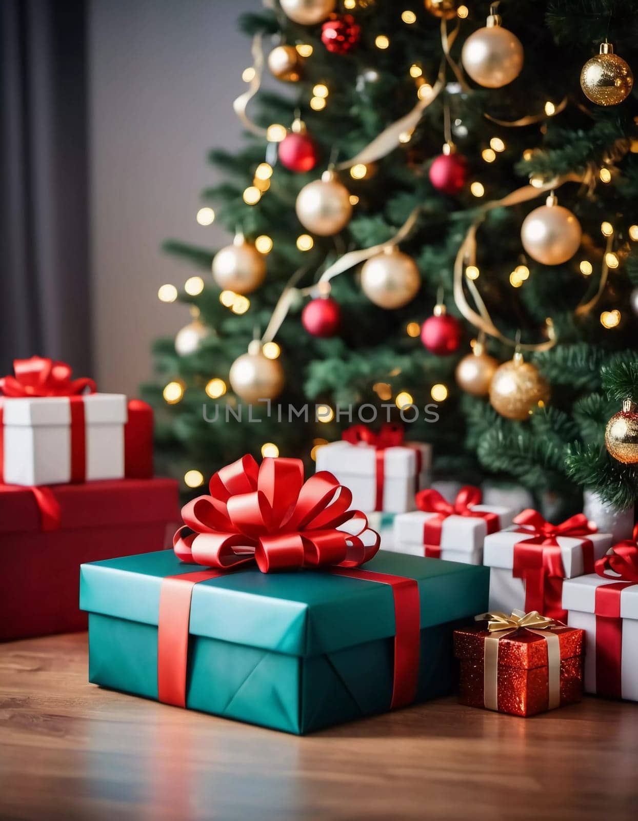 Wrapped presents in various colors sit beneath a decorated spruce tree adorned with shimmering Christmas ornaments, creating a cheerful and festive atmosphere for the New Year celebration.