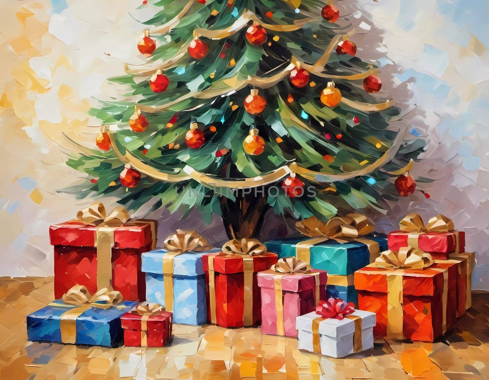 A decorated Christmas tree adorned with colorful ornaments and stacked presents ready for celebration in cozy holiday setting. Wrapped gifts of various colors. Festive atmosphere, warmth and joy. AI.