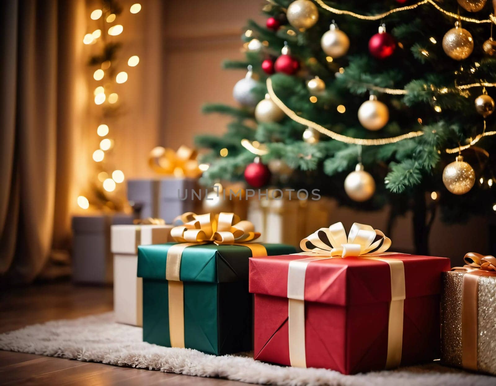 Wrapped presents in various colors sit beneath a decorated spruce tree adorned with shimmering Christmas ornaments, creating a cheerful and festive atmosphere for the New Year celebration.