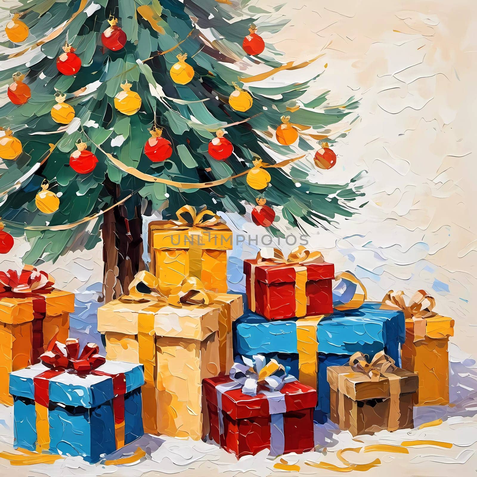 A decorated Christmas tree adorned with colorful ornaments and stacked presents ready for celebration in cozy holiday setting. Wrapped gifts of various colors. Festive atmosphere, warmth and joy. AI.