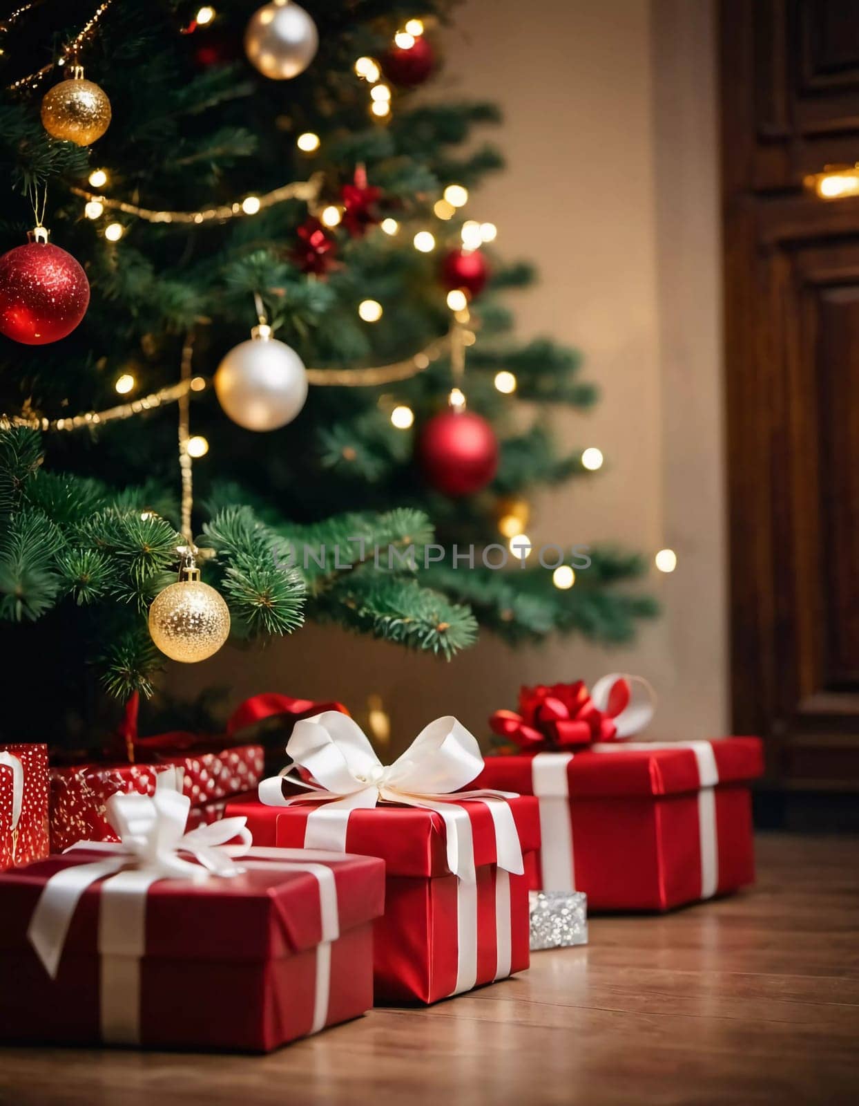 Wrapped presents in various colors sit beneath a decorated spruce tree adorned with shimmering Christmas ornaments, creating a cheerful and festive atmosphere for the New Year celebration.