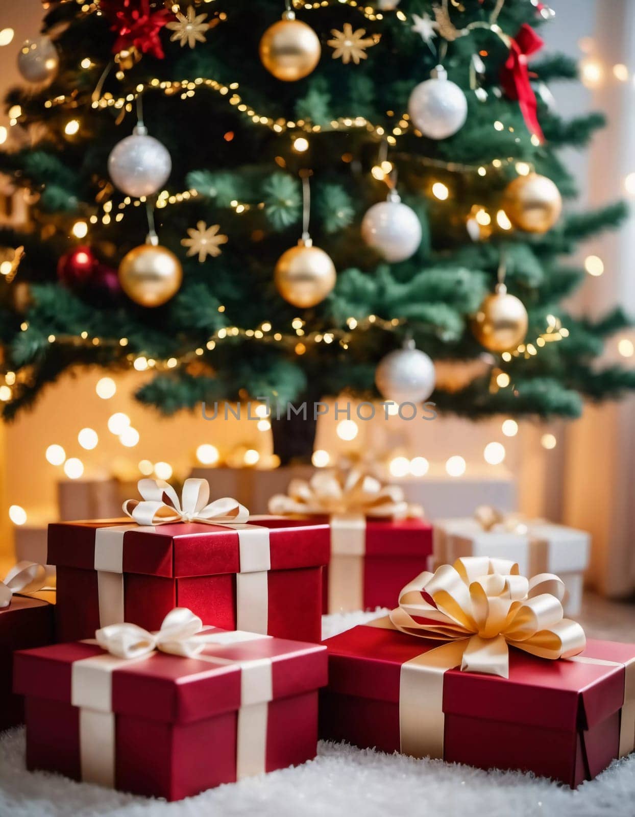Wrapped presents in various colors sit beneath a decorated spruce tree adorned with shimmering Christmas ornaments, creating a cheerful and festive atmosphere for the New Year celebration.