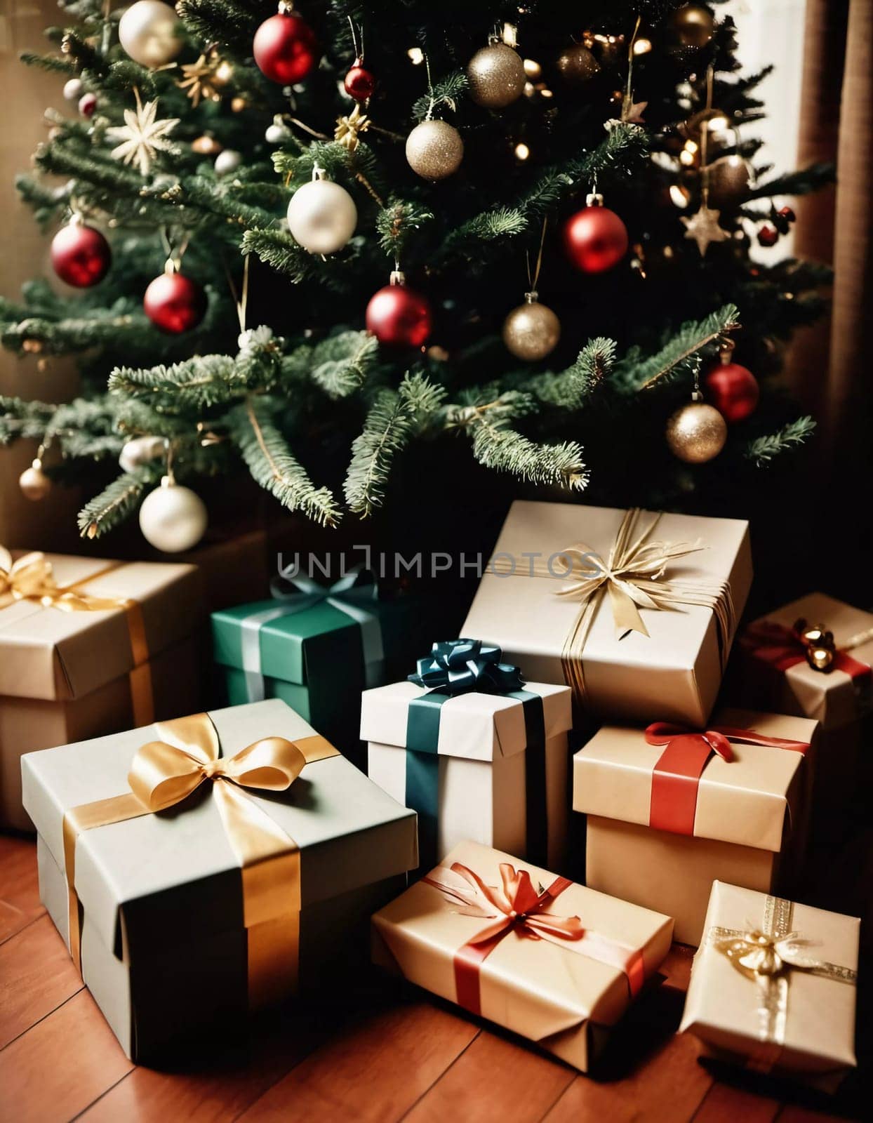 Wrapped presents in various colors sit beneath a decorated spruce tree adorned with shimmering Christmas ornaments, creating a cheerful and festive atmosphere for the New Year celebration.